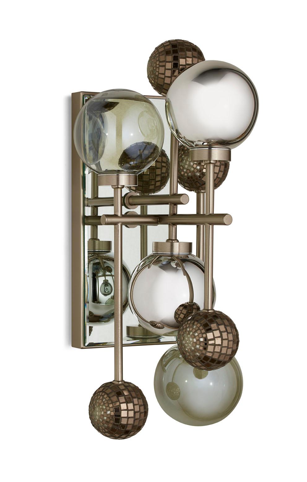 Modern Wall Sconce Brass Frame Nickel or Brass Finish Glass Spheres Artistic Mosaic For Sale