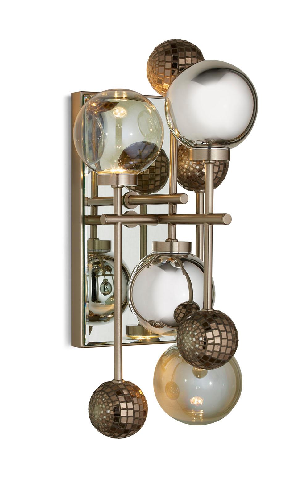 Italian Wall Sconce Brass Frame Nickel or Brass Finish Glass Spheres Artistic Mosaic For Sale