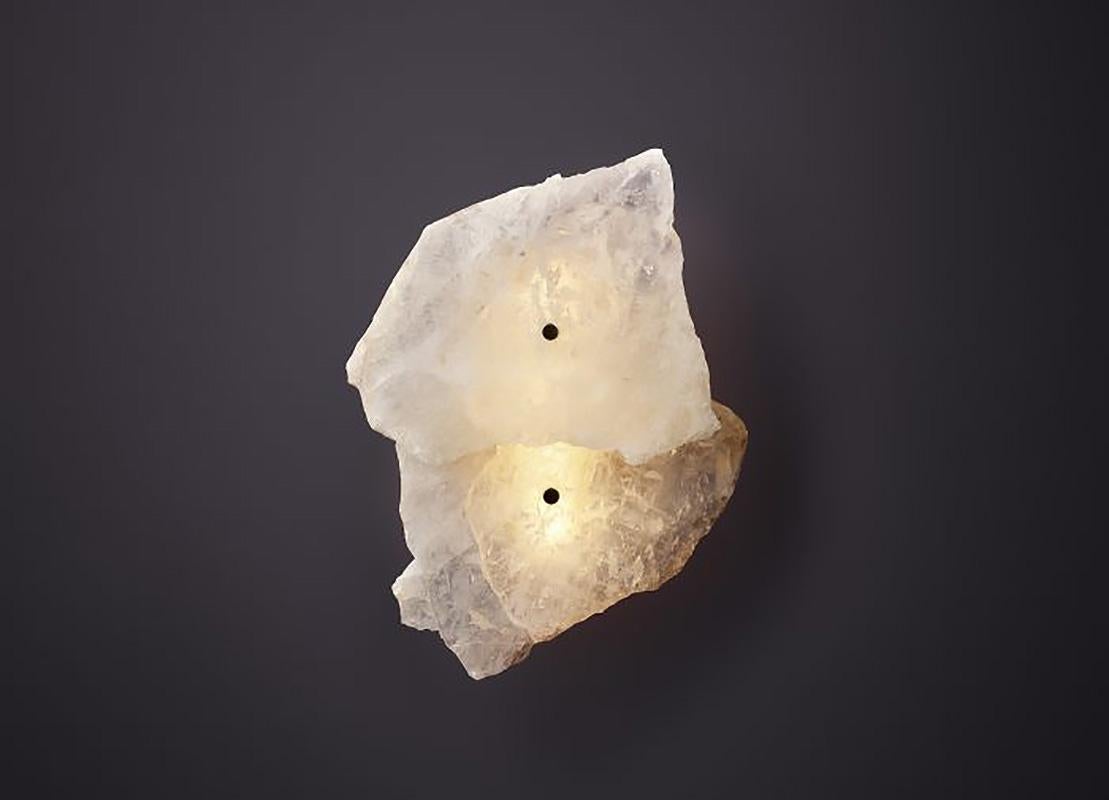 Modern Wall Sconce in Quartz with Brass Base - Petra I Twin by Christopher Boots For Sale