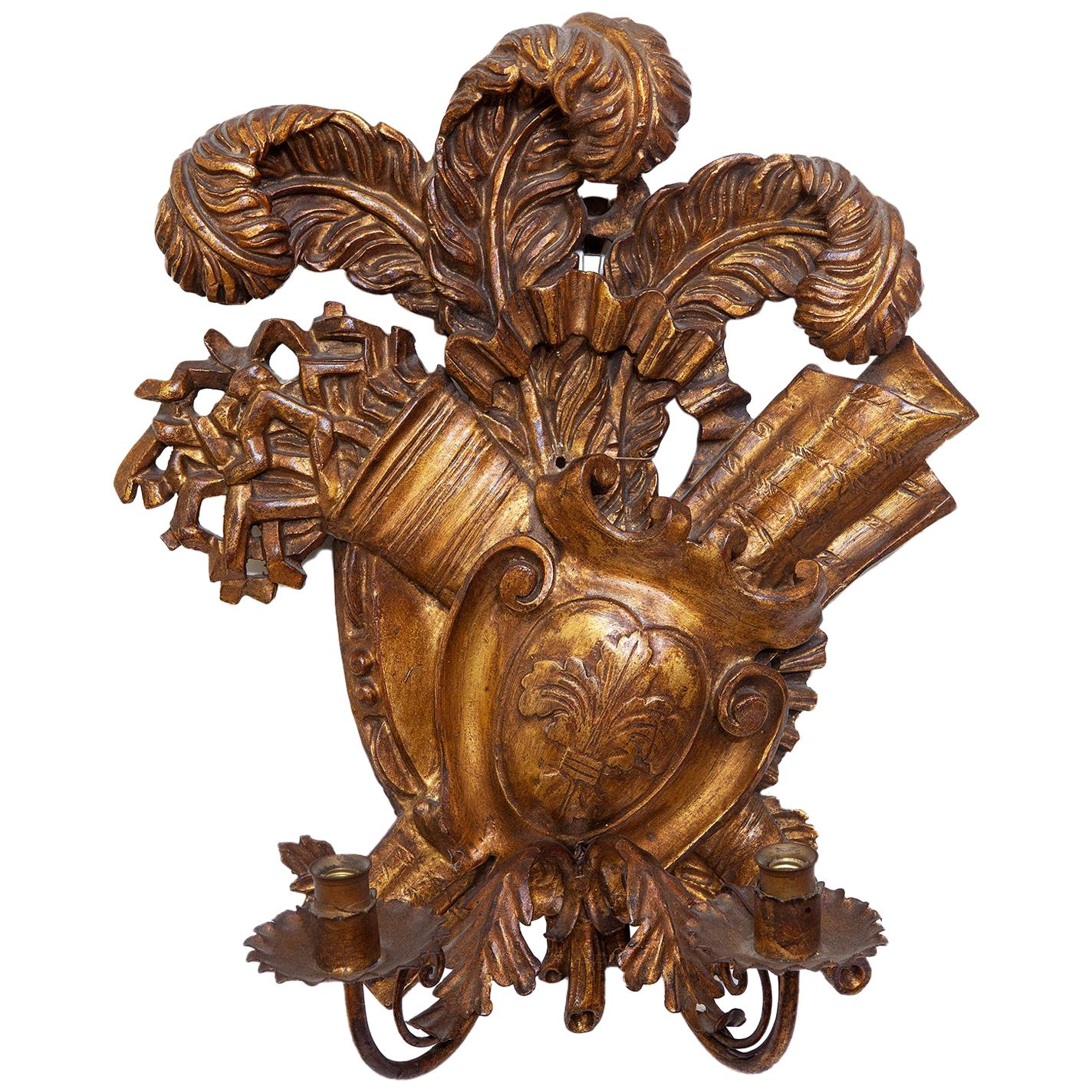 Wall Sconce Trophy Carved Gilded 19C Fleur-de-Lys Shield Quivers Herald 17.5"h For Sale