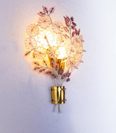 Pair of Palwa Flower Leaf Wall Sconces Gilt Faceted Crystal Glass Bagues