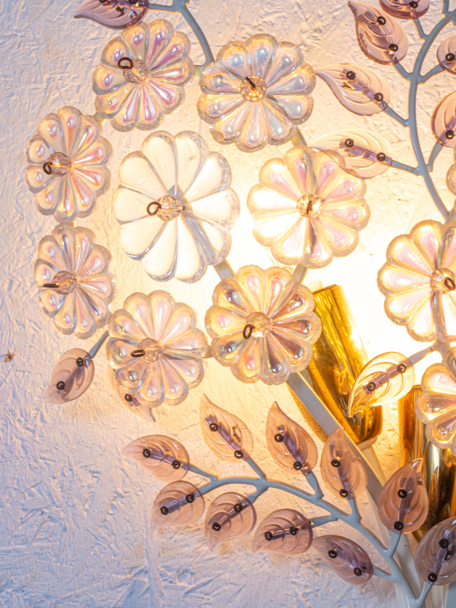 Austrian Wall Sconce with Crystal Flowers Style of Oswald Haerdtl, Lobmeyr, Maison Bagues For Sale