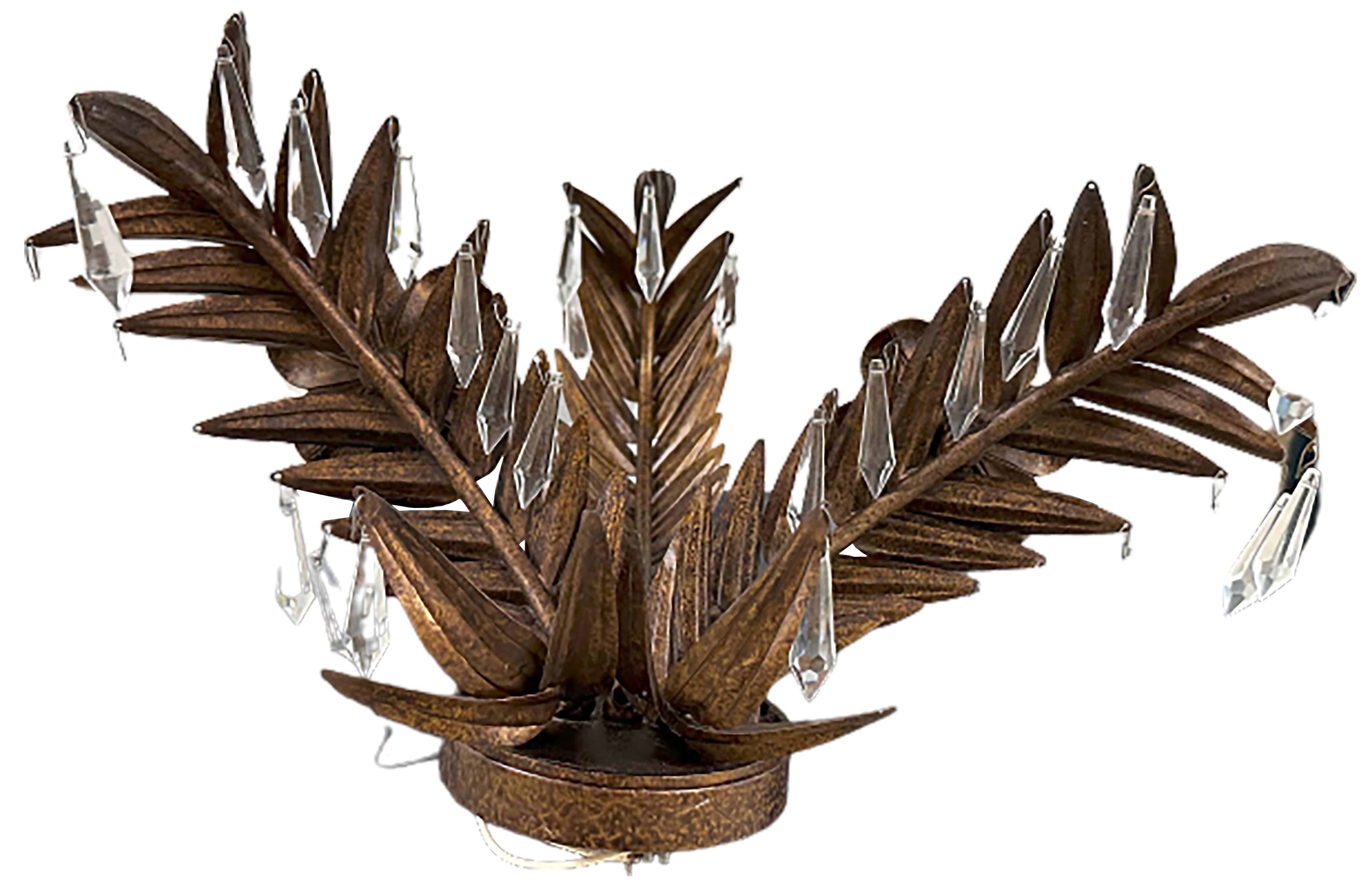 Contemporary Wall Sconce with Dual Light Leaf Hand Cut Crystal Drops For Sale