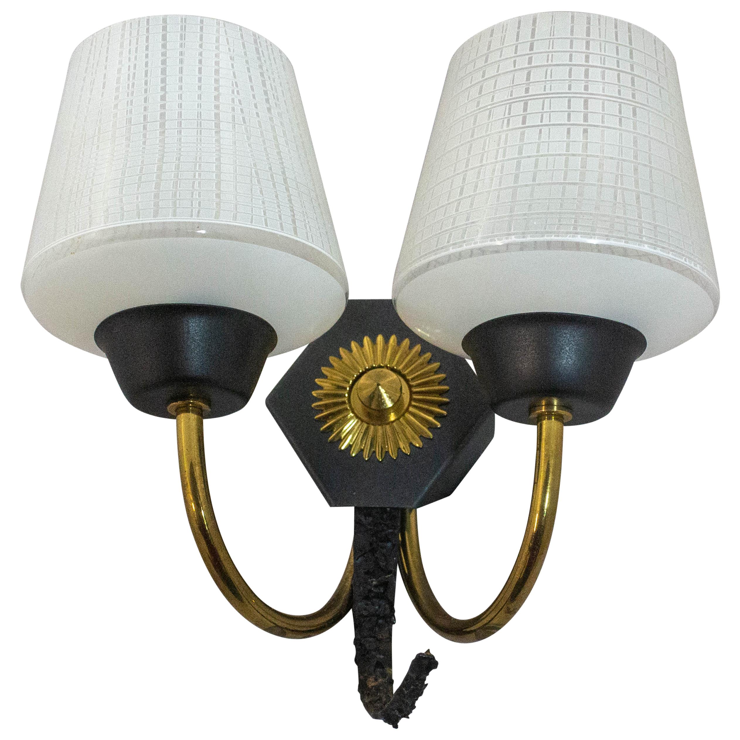 Wall Sconce with Two-Light Original Glass and Brass Midcentury, French For Sale