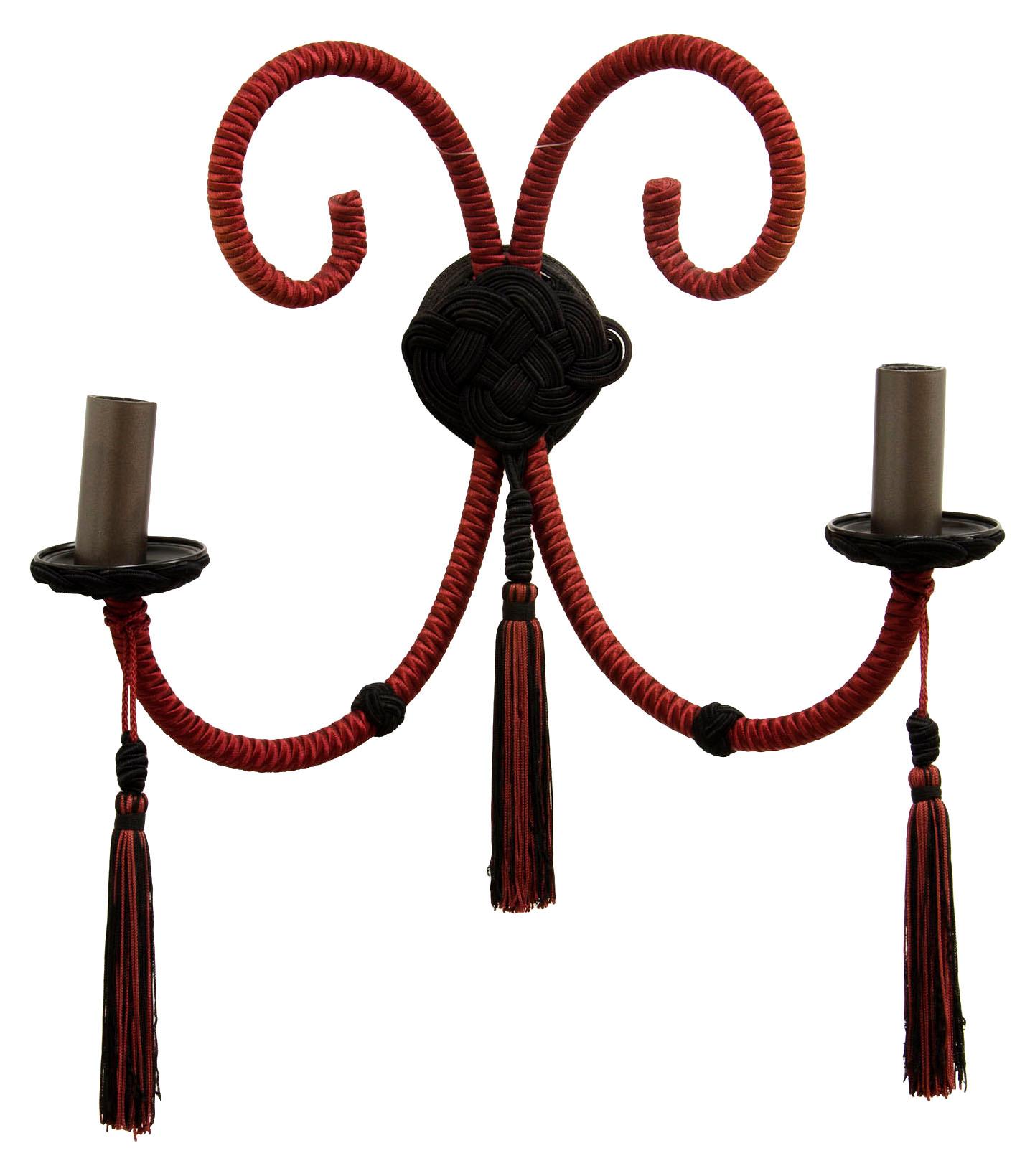 Two arm wrought iron structure is wrapped with silk cording, with a small contrasting color ring midway down the arms. Cording under the bobèche is shaped in traditional passementarie knotted detail.Custom sizes available.