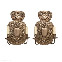 Wall Sconces 2-Arm Silvered Repousse Heart Crestings