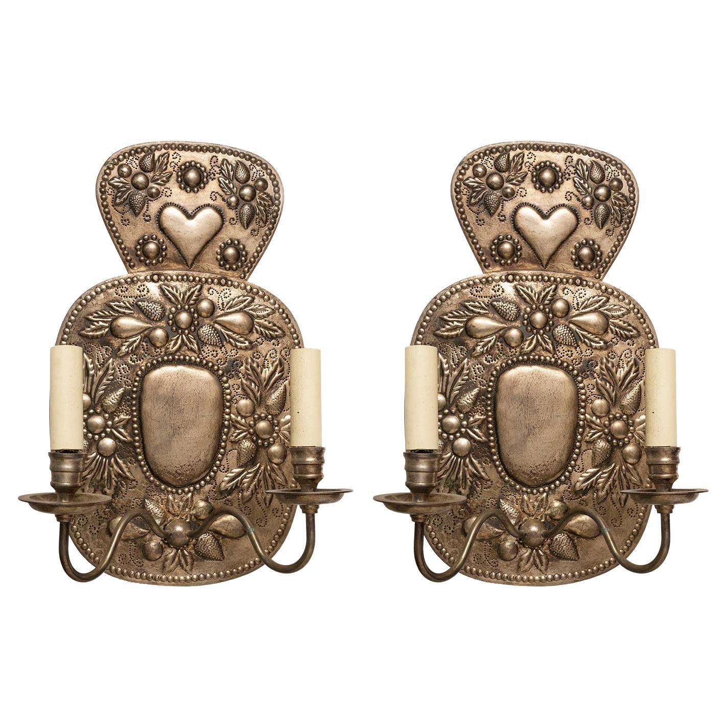 Wall Sconces 2-Arm Silvered Repousse Heart Crestings