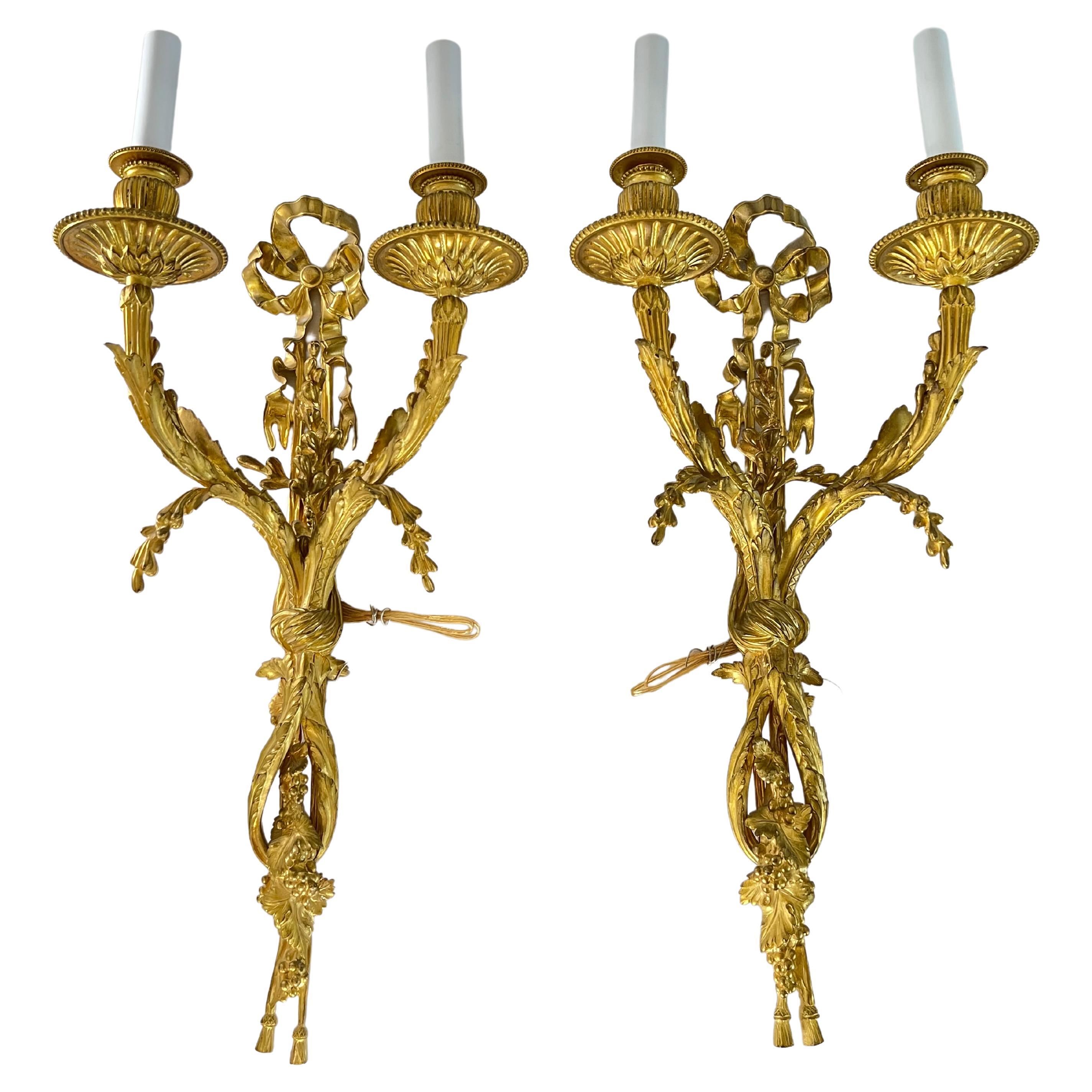 Wall Sconces Pair Mid-19th Century French Louis XVI Bronze Doré In Good Condition For Sale In palm beach, FL