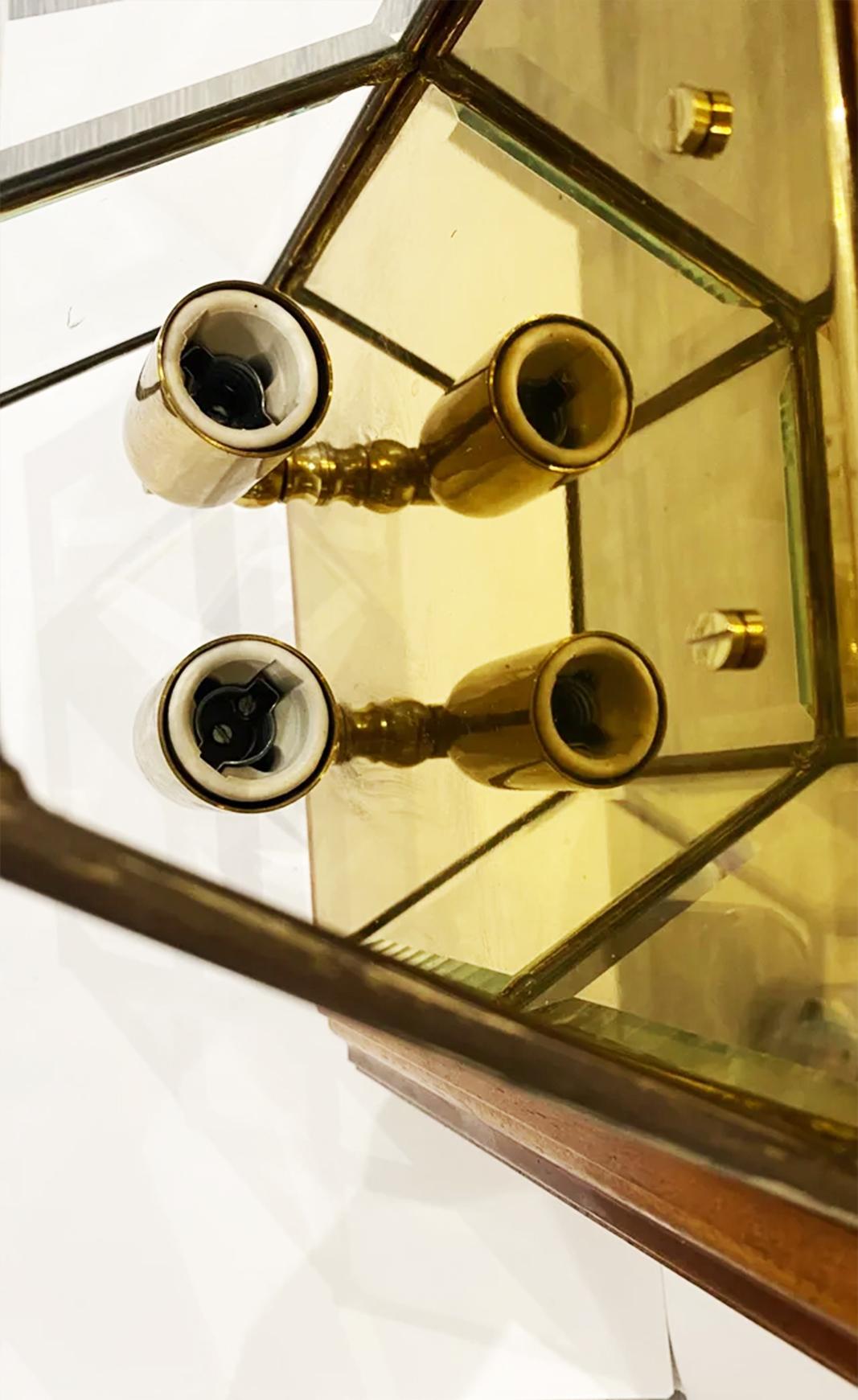 Wall Sconces  Brass Glass and Wood , Spain Mid-20th Century For Sale 5