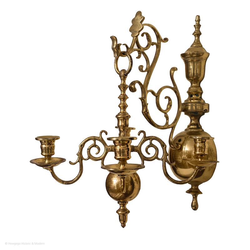 Baroque Revival Wall Sconces Brass Pair 4-Arm Chandeliers For Sale