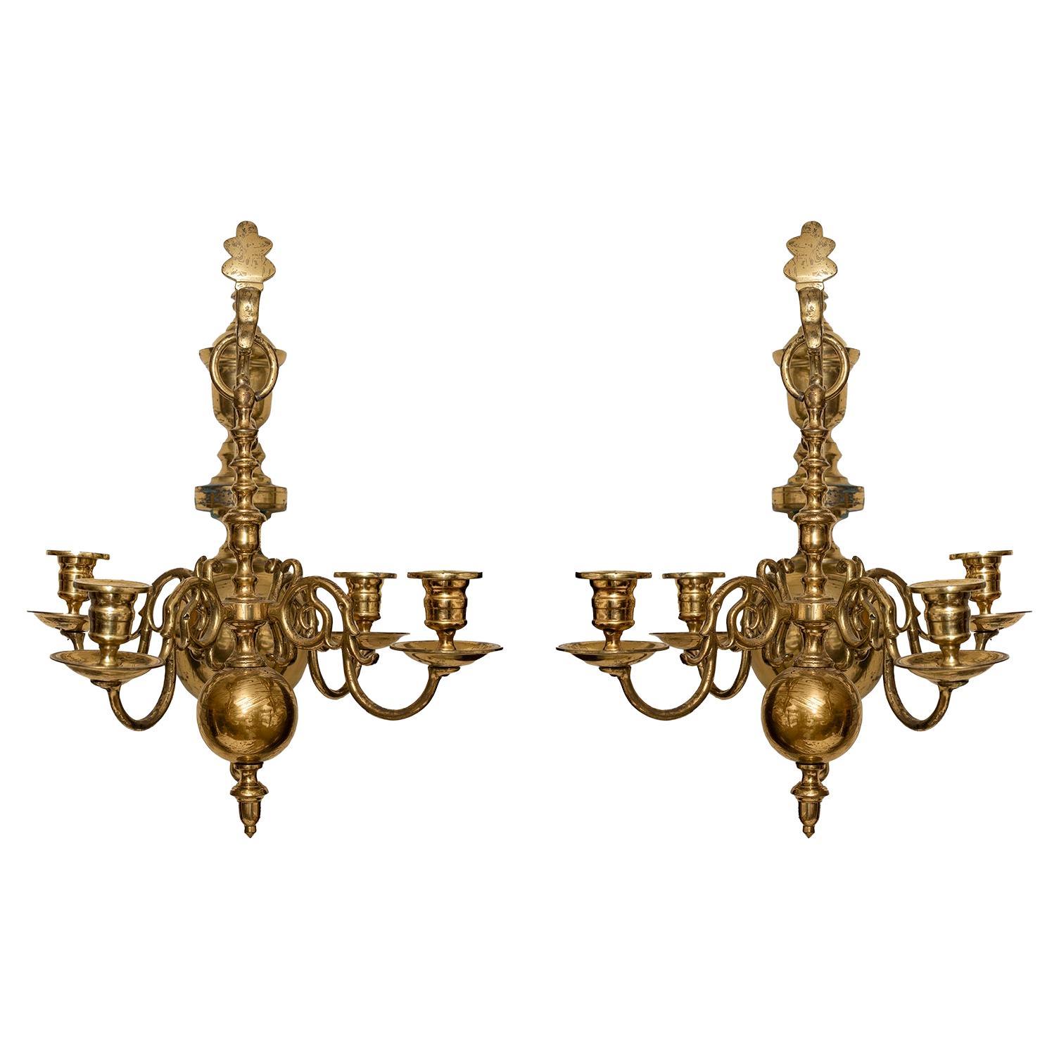 Wall Sconces Brass Pair 4-Arm Chandeliers For Sale