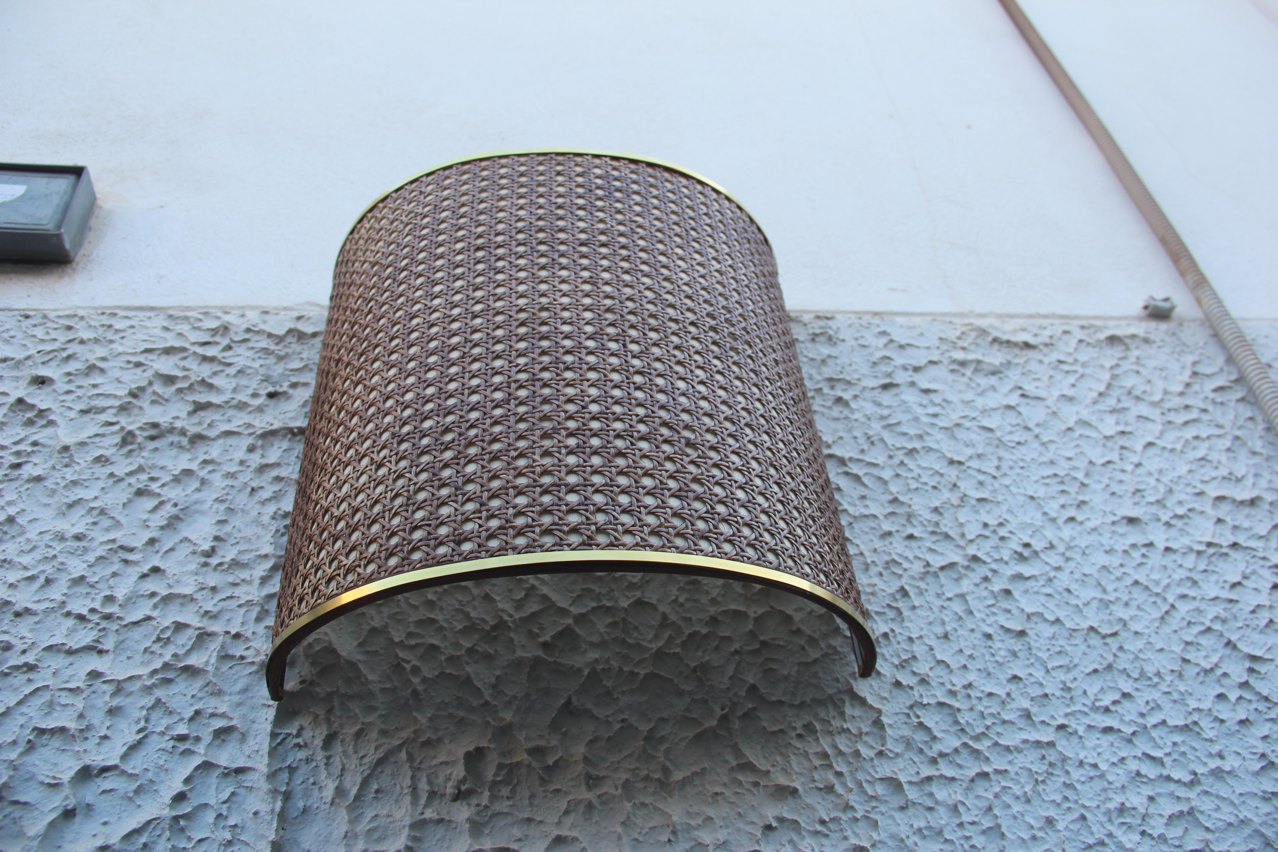 Wall Sconces Curved 1970 Vienna Straw and Brown Brass Italian Design Parchment For Sale 6