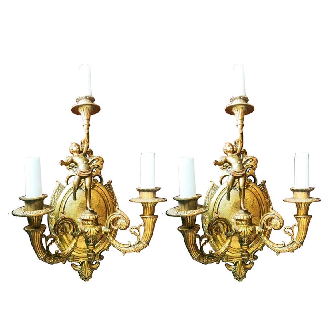  Wall Sconces French Empire Style Whit Cherub Putti Carrying Torch, Bronze, Pair For Sale 3