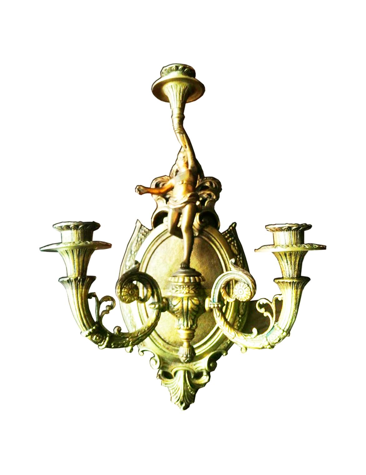  Wall Sconces French Empire Style Whit Cherub Putti Carrying Torch, Bronze, Pair For Sale 5