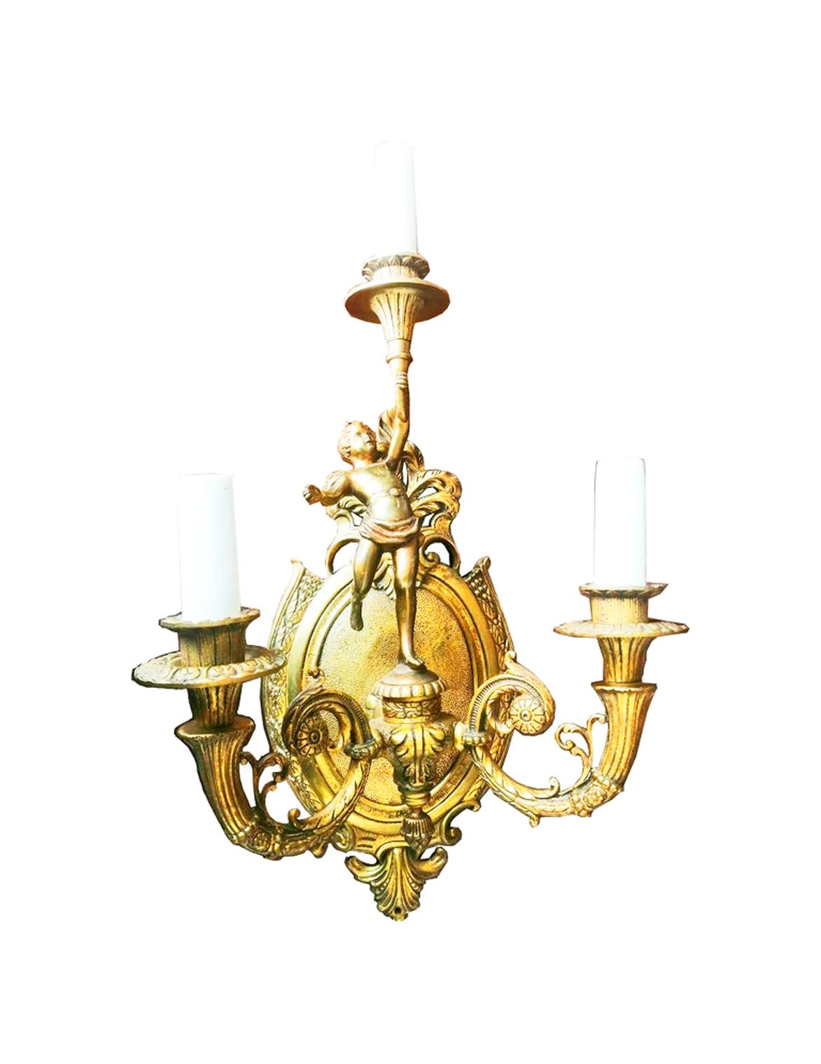Louis XVI  Wall Sconces French Empire Style Whit Cherub Putti Carrying Torch, Bronze, Pair For Sale