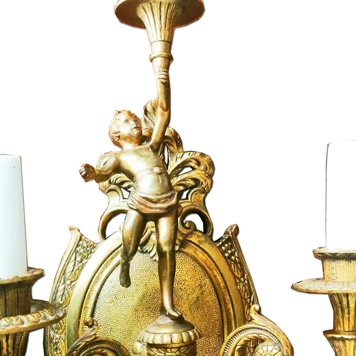  Wall Sconces French Empire Style Whit Cherub Putti Carrying Torch, Bronze, Pair In Excellent Condition For Sale In Mombuey, Zamora
