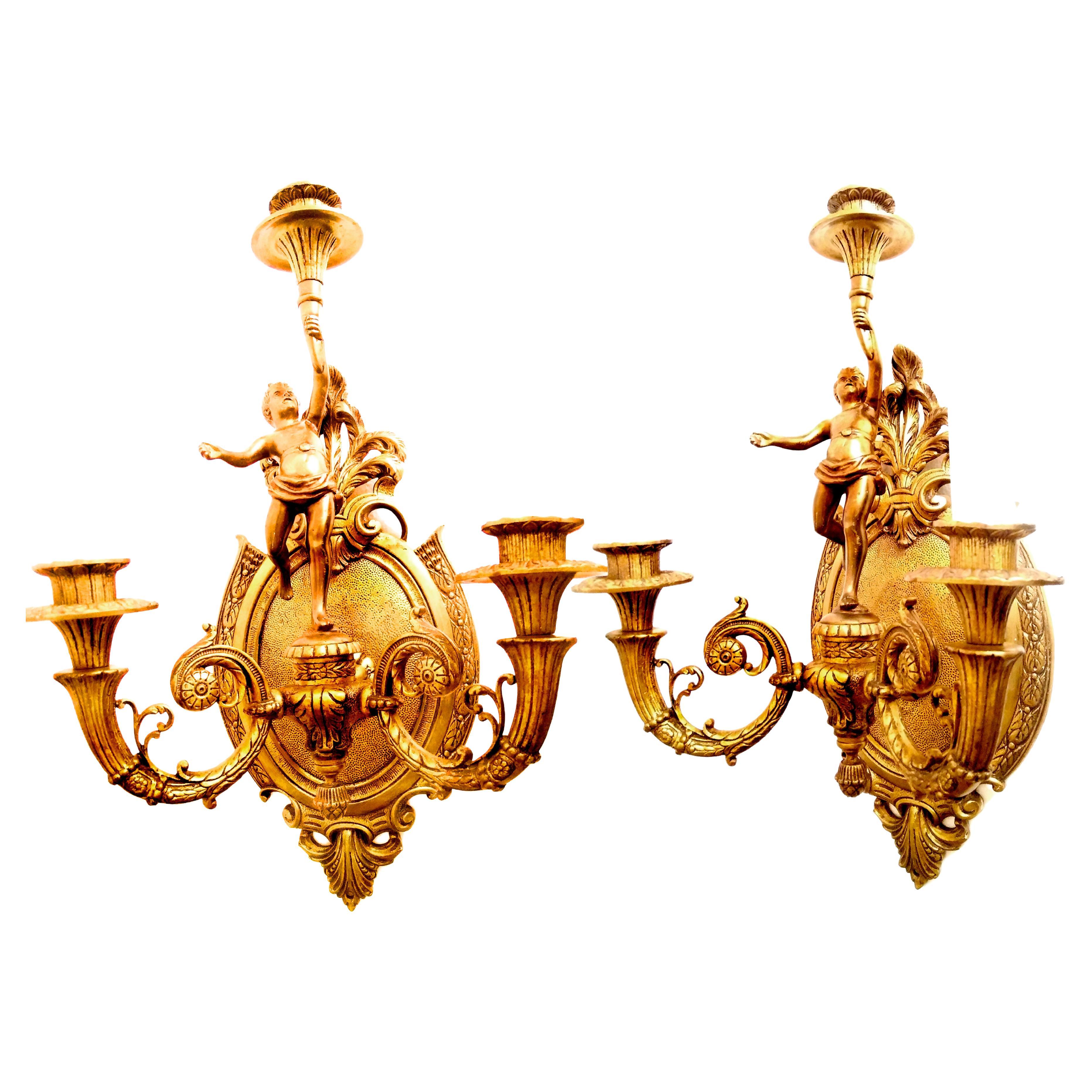  Wall Sconces French Empire Style Whit Cherub Putti Carrying Torch, Bronze, Pair For Sale