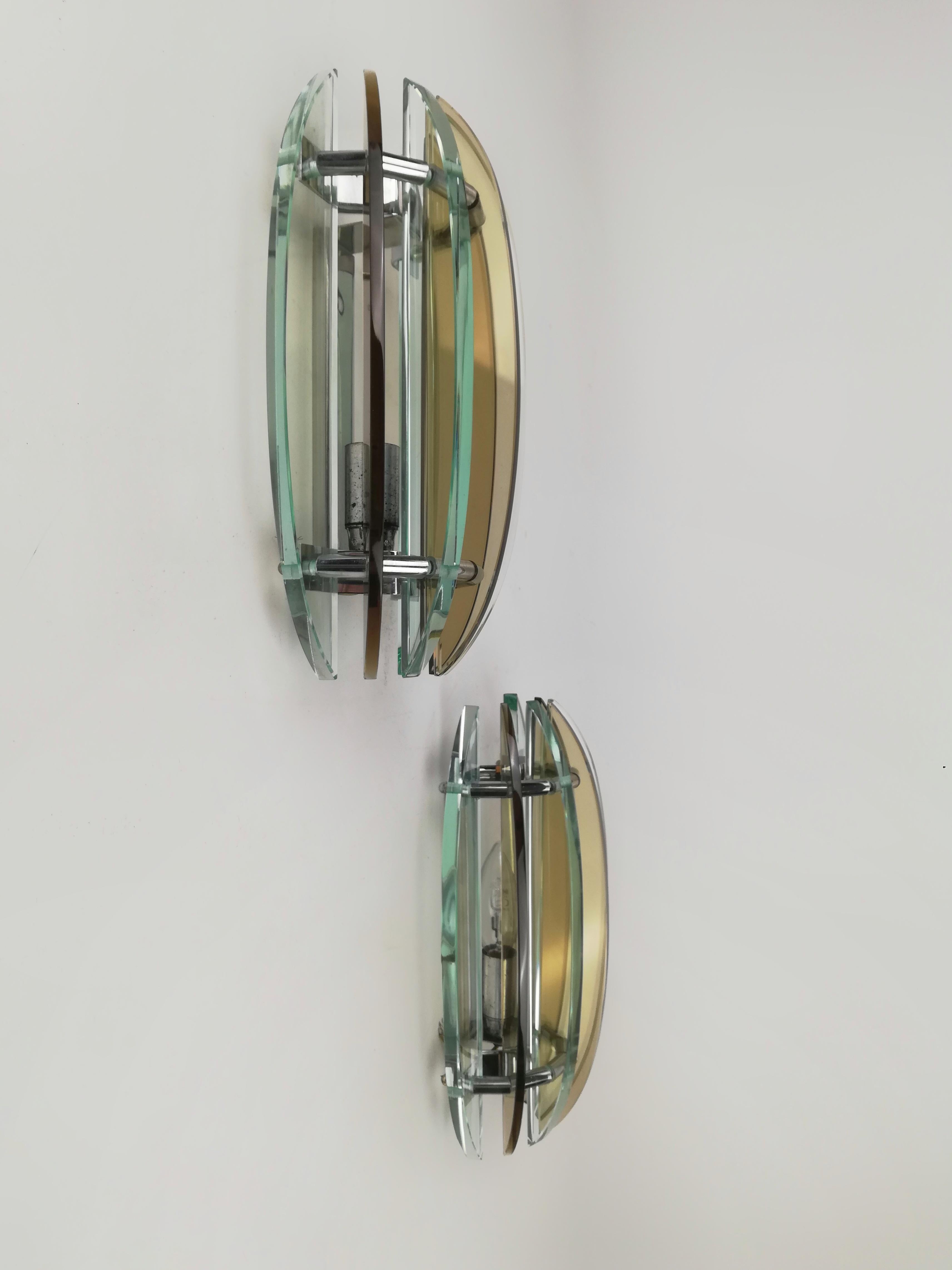 Italian Wall Sconces in Colored Glass and Chrome from Veca, Italy, 1970s, Set of 2 For Sale
