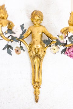 Wall Sconces in Gilt and Porcelain, circa 1880