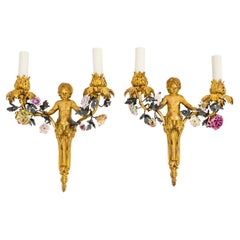 Antique Wall Sconces in Gilt and Porcelain, circa 1880