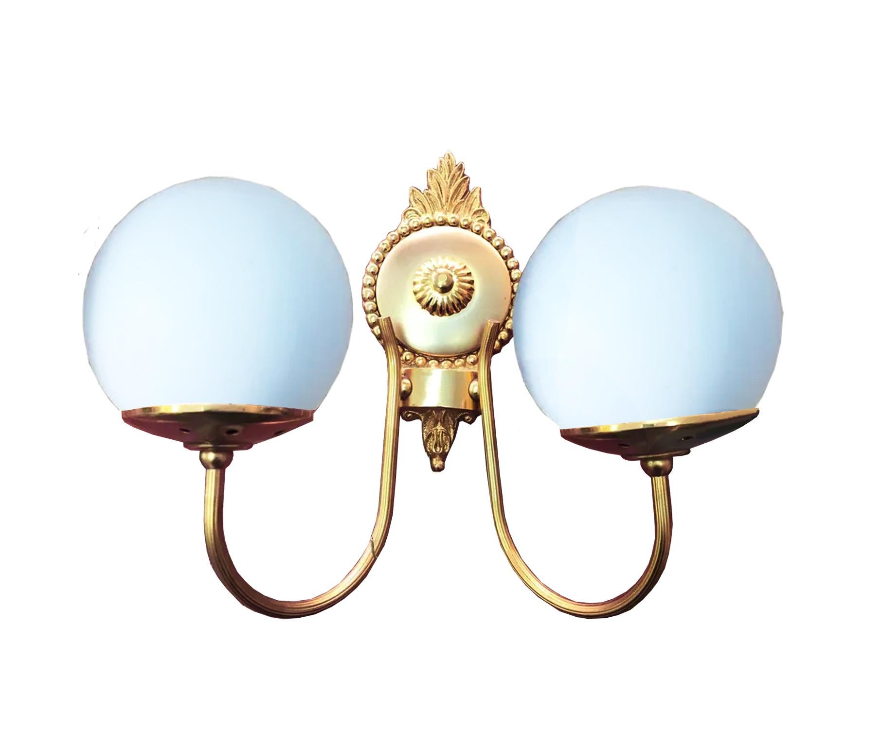French Pair Wall Sconces  Louis XVI Style Gold metal and Opaline, France, Midcentury