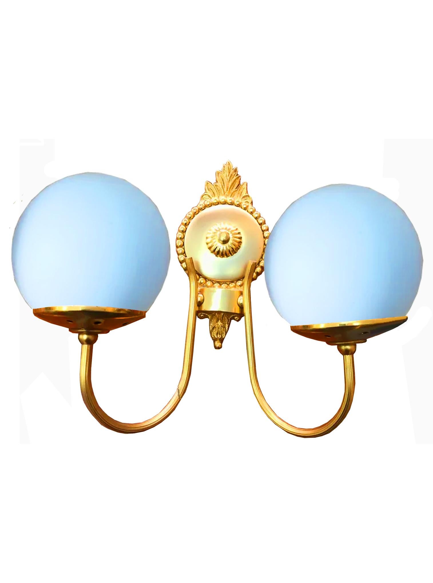 20th Century Pair Wall Sconces  Louis XVI Style Gold metal and Opaline, France, Midcentury