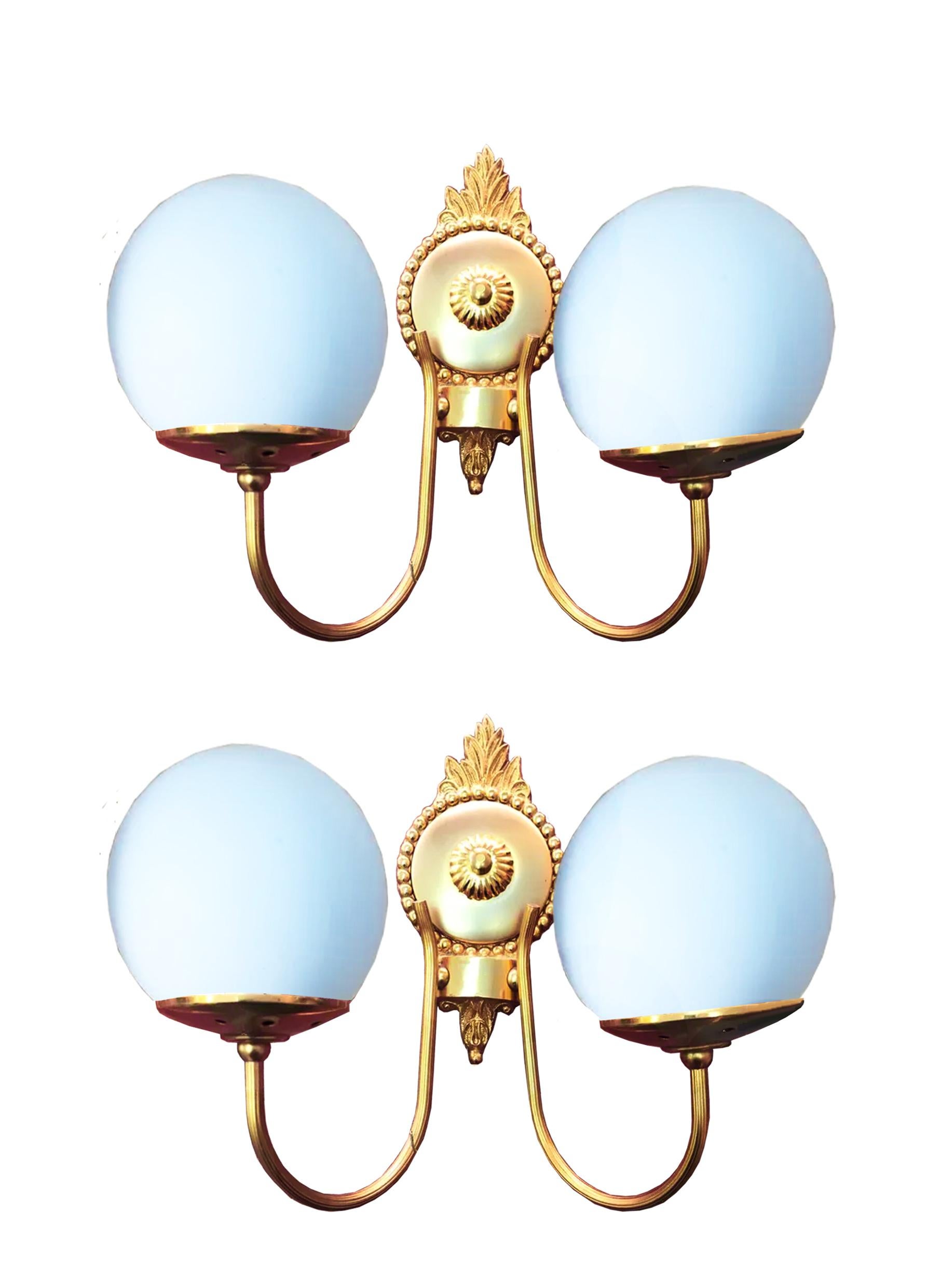 Metal Pair Wall Sconces  Louis XVI Style Gold metal and Opaline, France, Midcentury