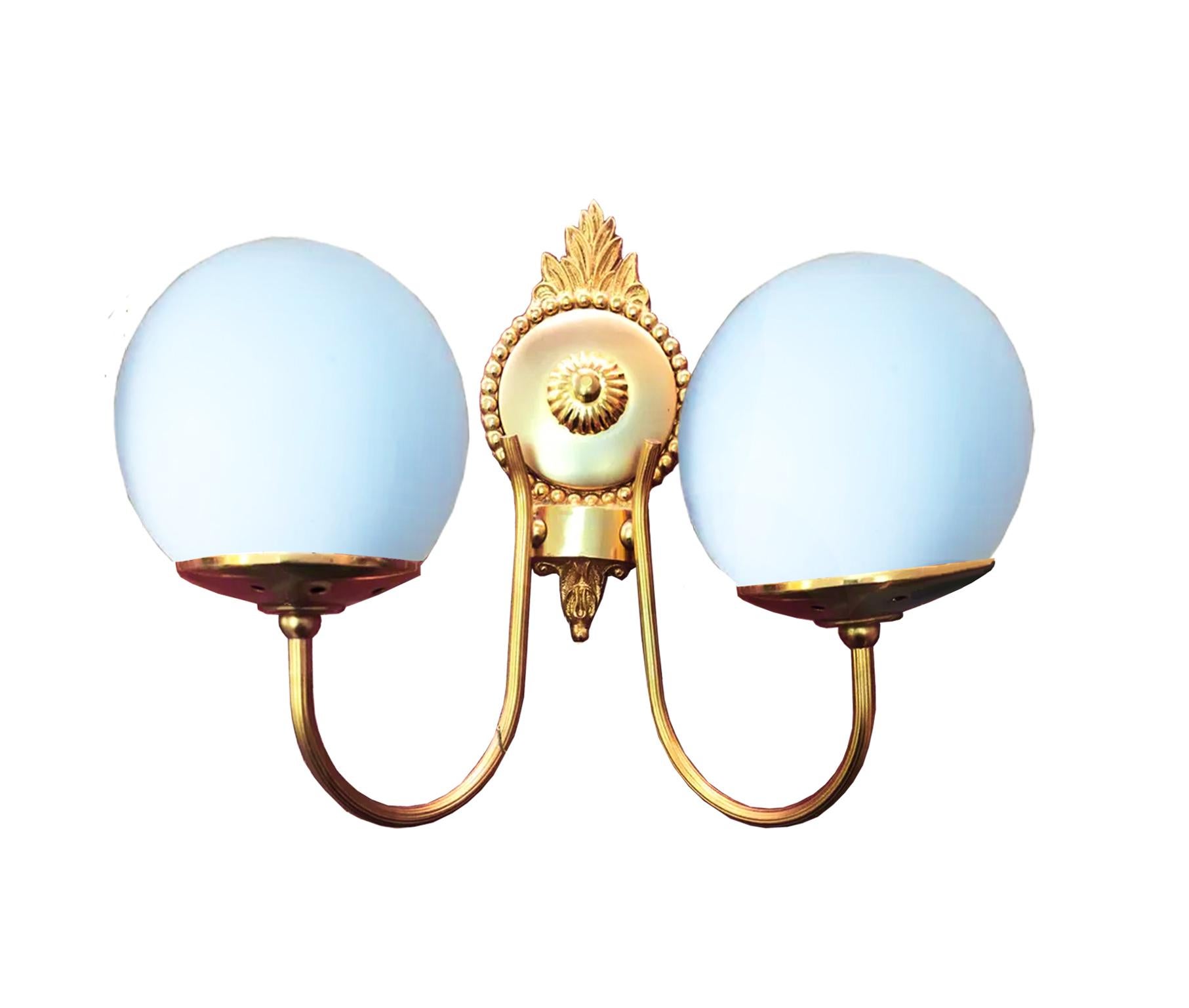 Pair Wall Sconces  Louis XVI Style Gold metal and Opaline, France, Midcentury 1