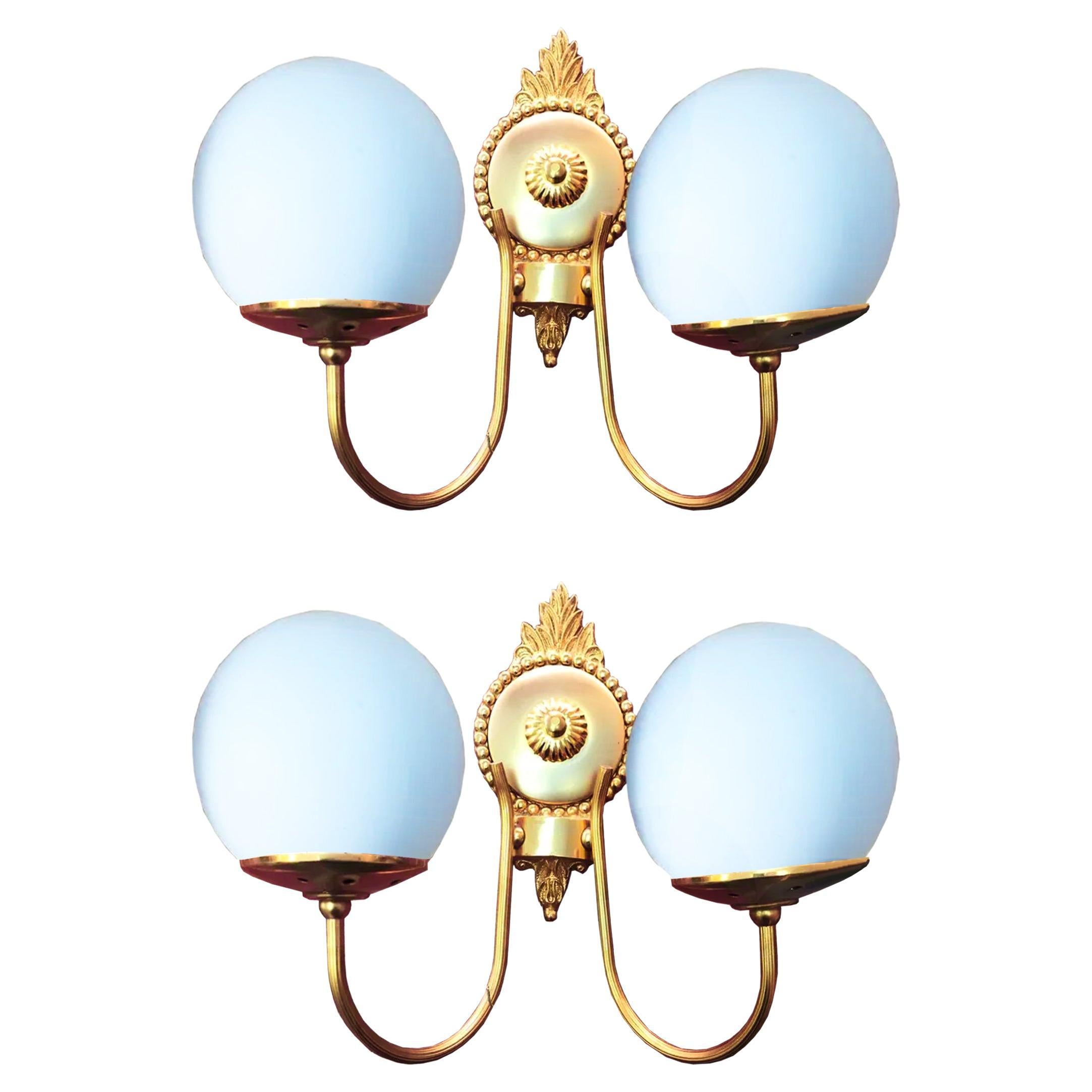 Pair Wall Sconces  Louis XVI Style Gold metal and Opaline, France, Midcentury