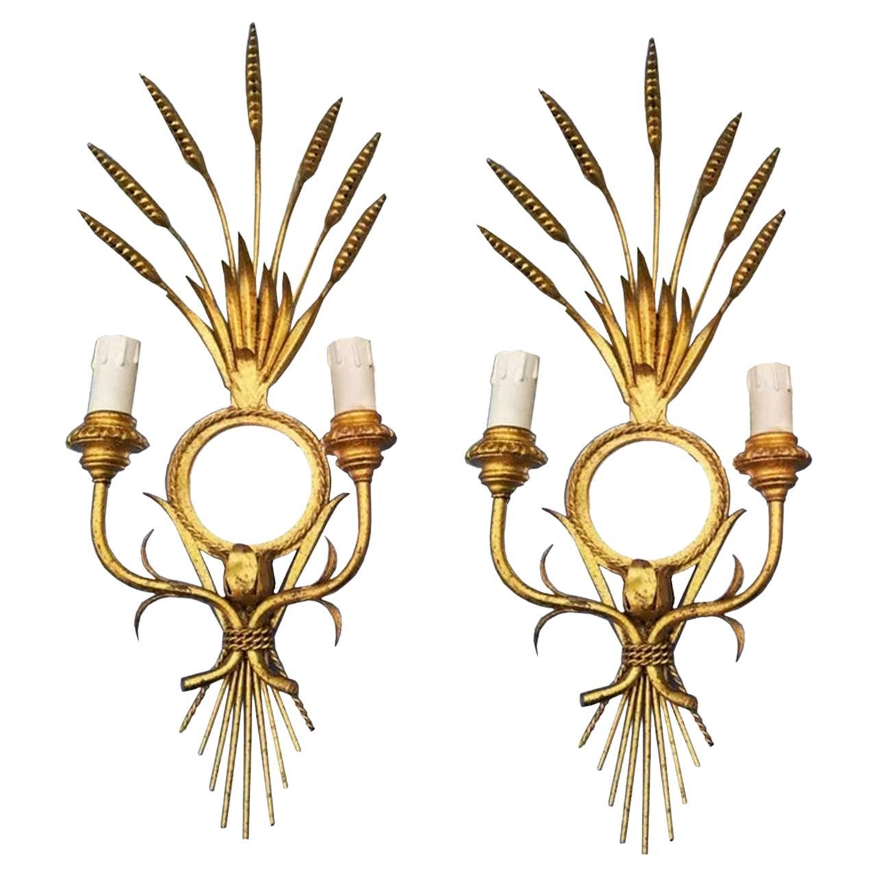 French Wall Sconces  Maison Bagues Style Gold Leaf and Mirror Leves, France Midcentury For Sale