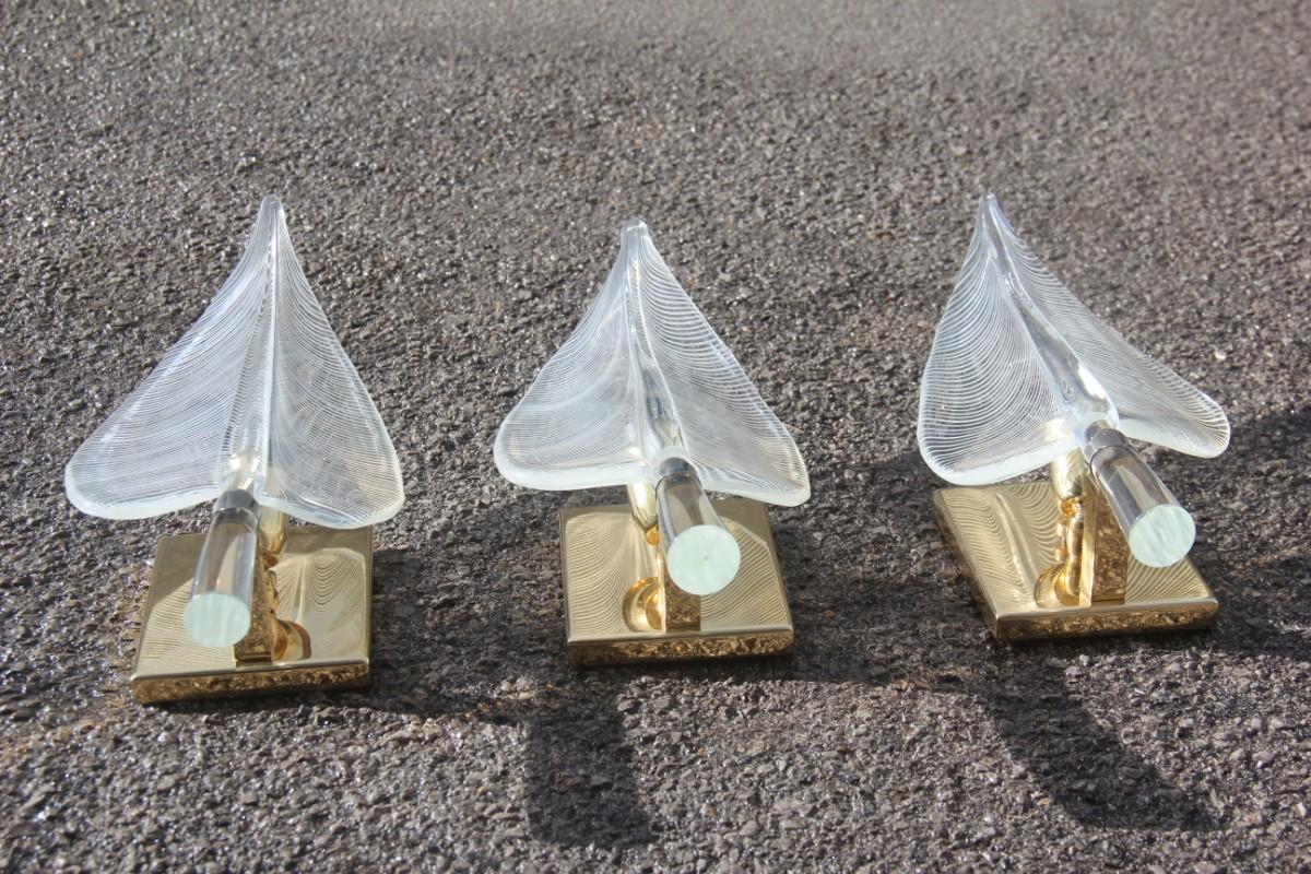 Wall sconces Italian design Murano glass Franco Luce 1970s gold transparent leaves.