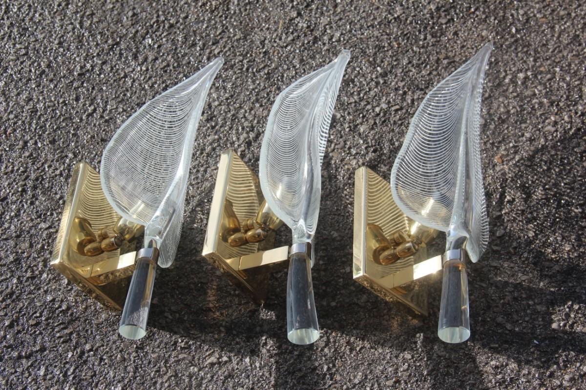 Mid-Century Modern Wall Sconces Italian Design Murano Glass Franco Luce 1970s Gold Leaves For Sale