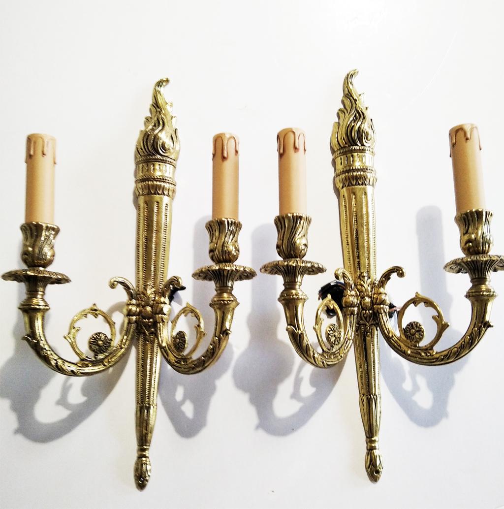 French Wall Sconces Louis XVI Style, 20th Century, Brass  or Bronze Dore   For Sale