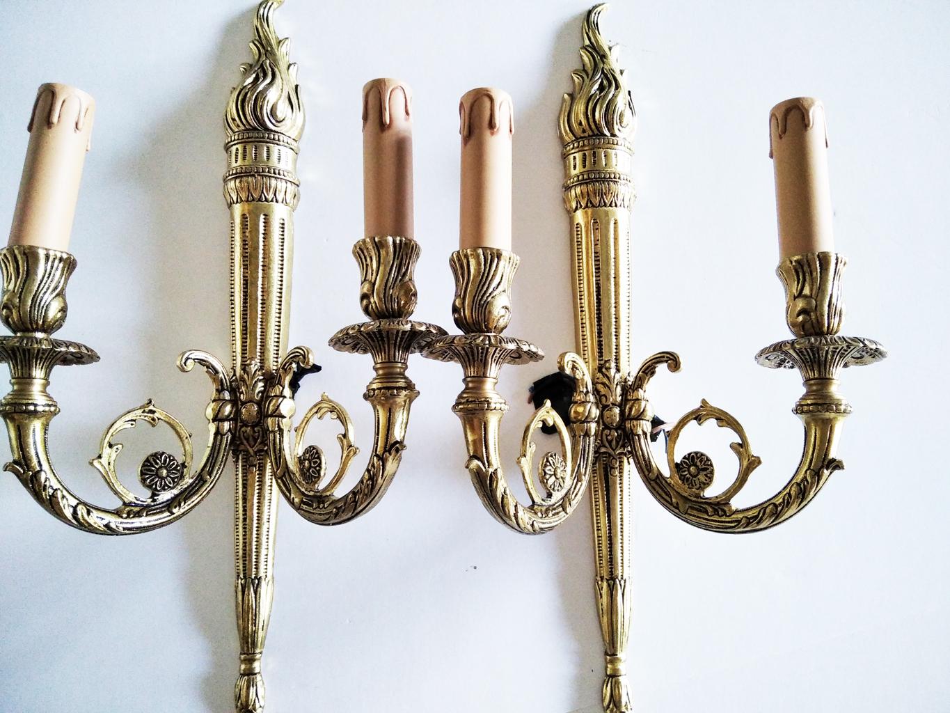 Wall Sconces Louis XVI Style, 20th Century, Brass  or Bronze Dore   In Excellent Condition For Sale In Mombuey, Zamora