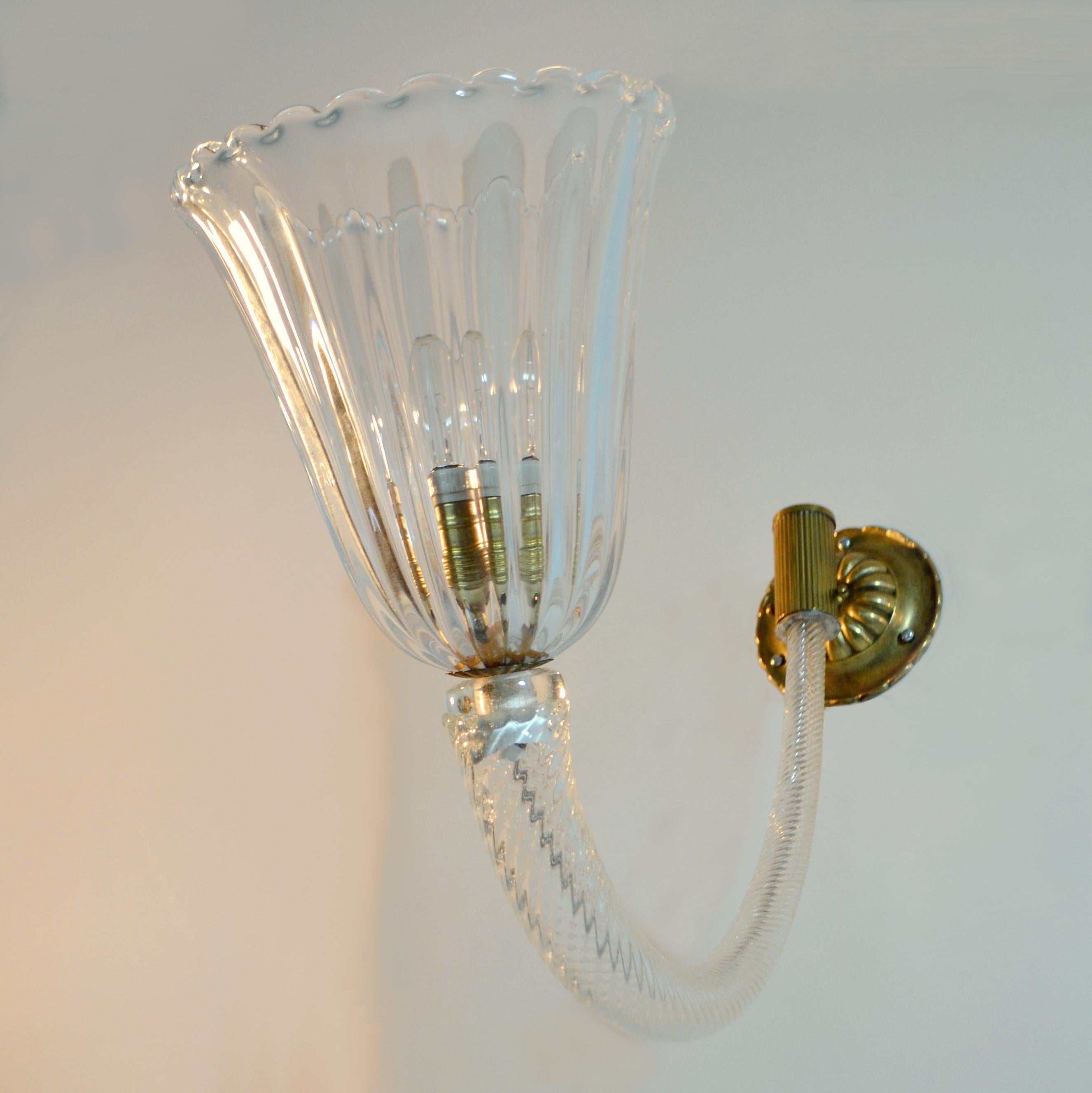 Wall Sconces Murano Clear Glass and Brass 1940's in the Style of Barovier & Toso 3