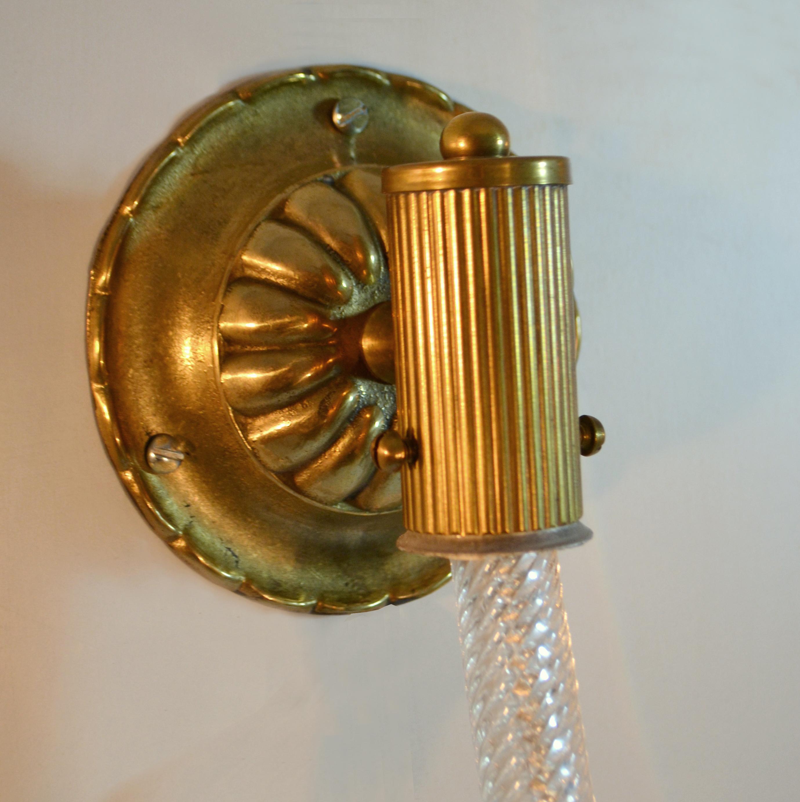 Wall Sconces Murano Clear Glass and Brass 1940's in the Style of Barovier & Toso 4