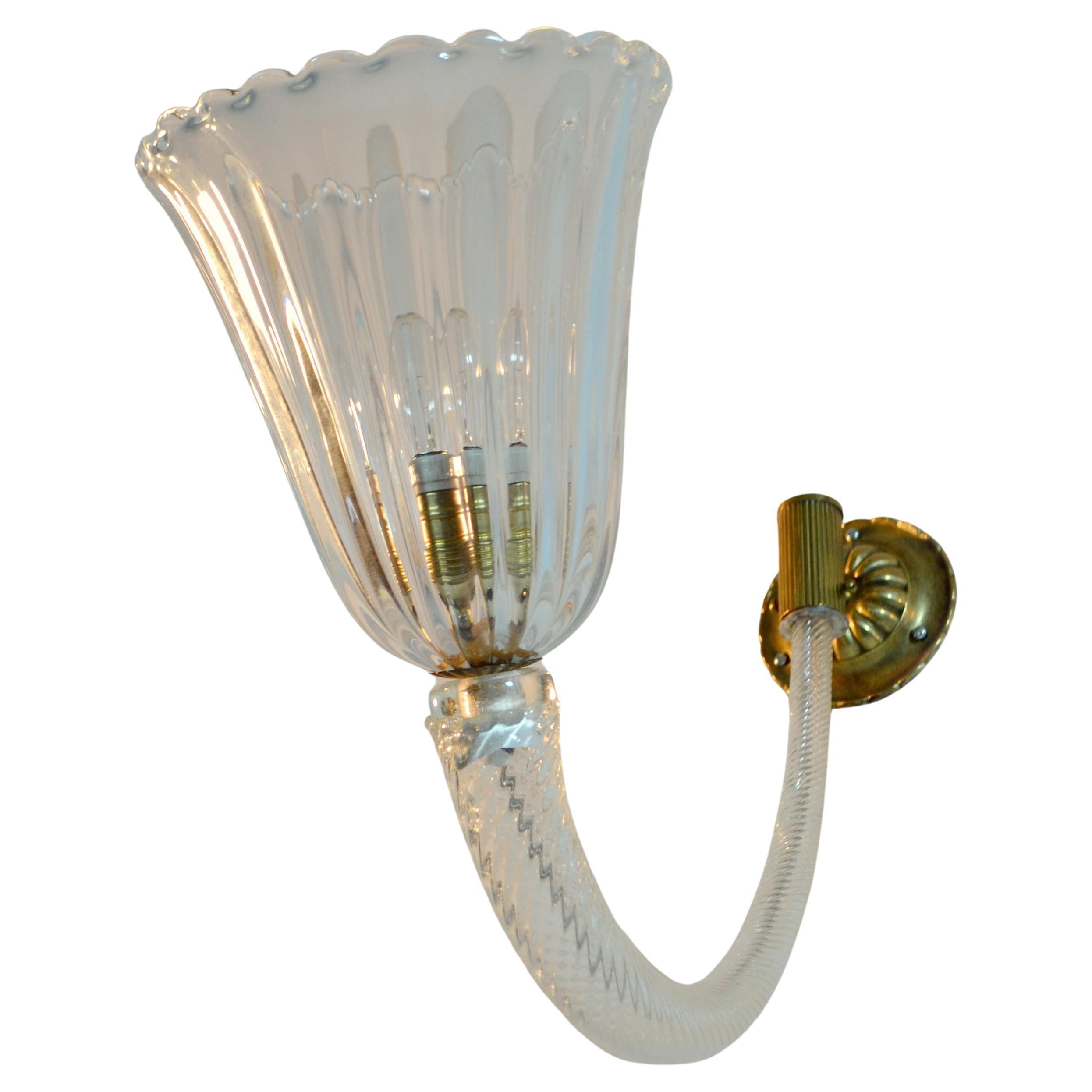 Mid-Century Modern Wall Sconces Murano Clear Glass and Brass 1940's in the Style of Barovier & Toso
