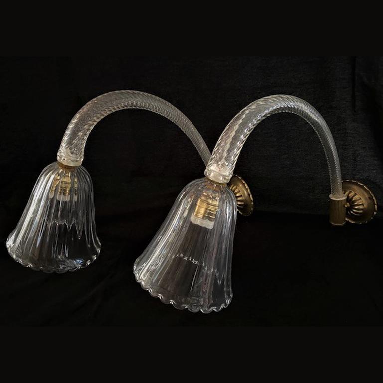 Italian Wall Sconces Murano Clear Glass and Brass 1940's in the Style of Barovier & Toso