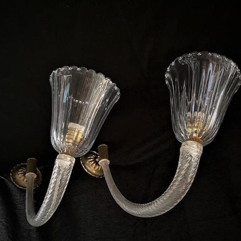 Wall Sconces Murano Clear Glass and Brass 1940's in the Style of Barovier & Toso In Excellent Condition In London, GB