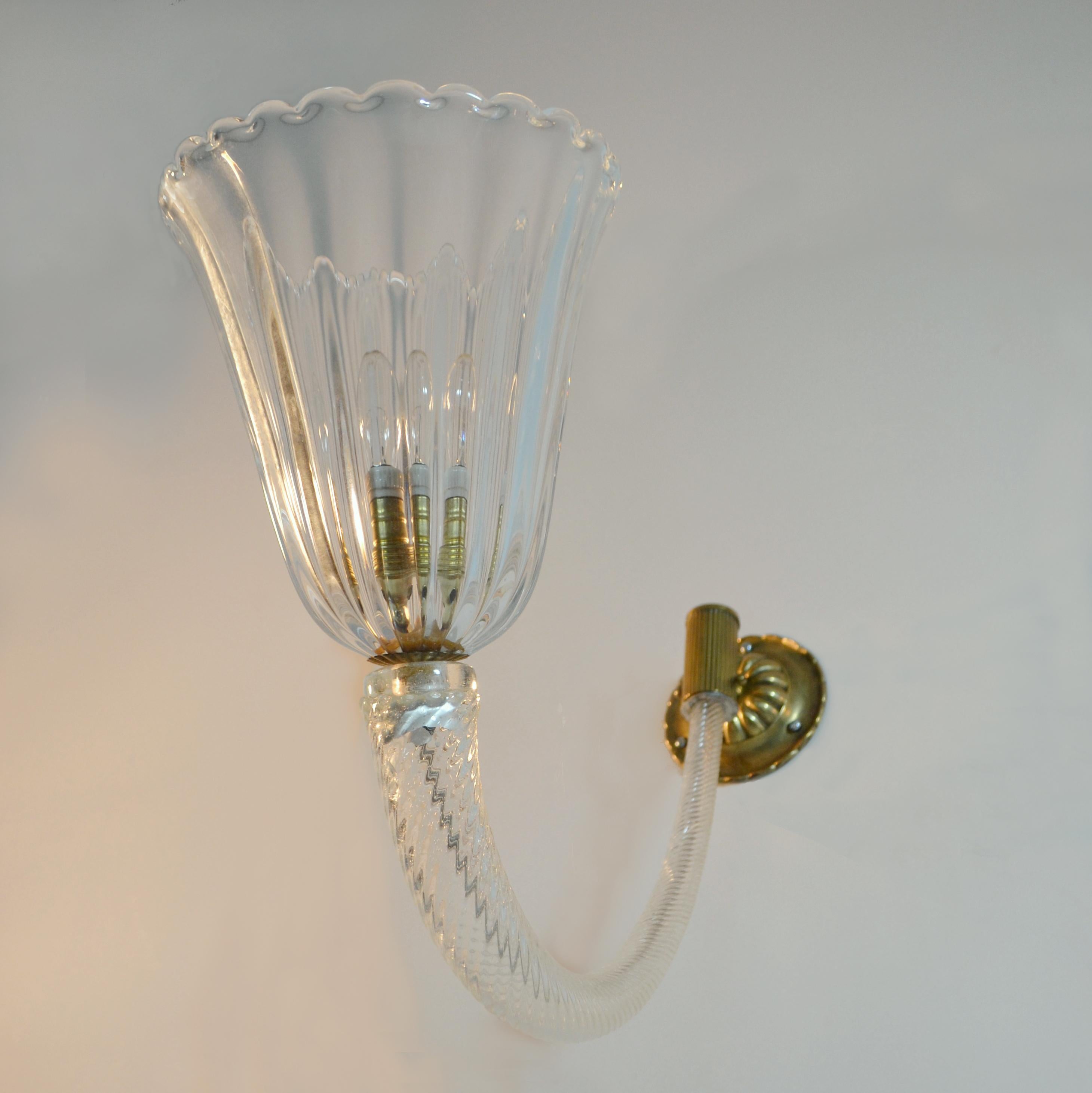 Mid-20th Century Wall Sconces Murano Clear Glass and Brass 1940's in the Style of Barovier & Toso