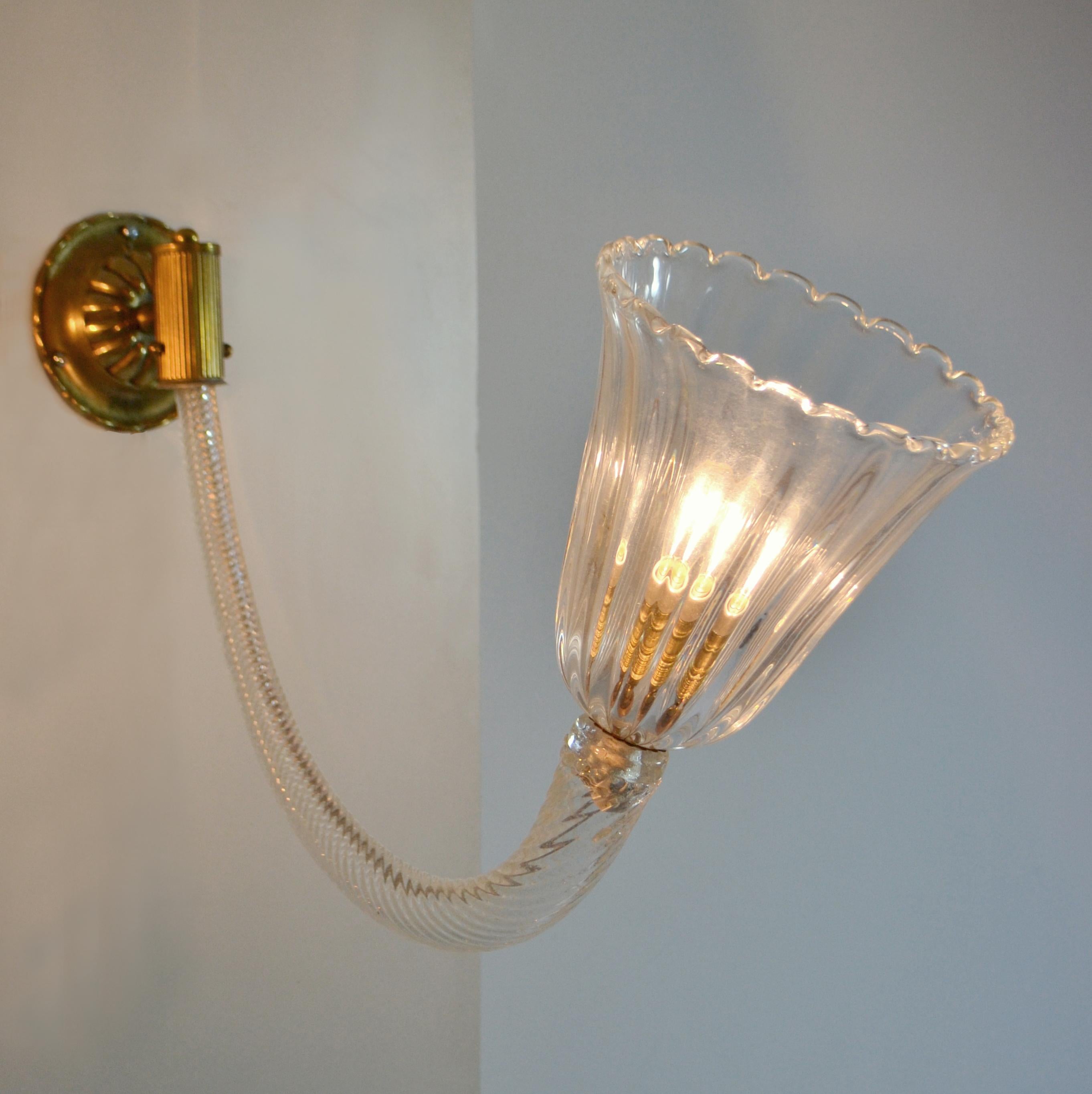 Blown Glass Wall Sconces Murano Clear Glass and Brass 1940's in the Style of Barovier & Toso