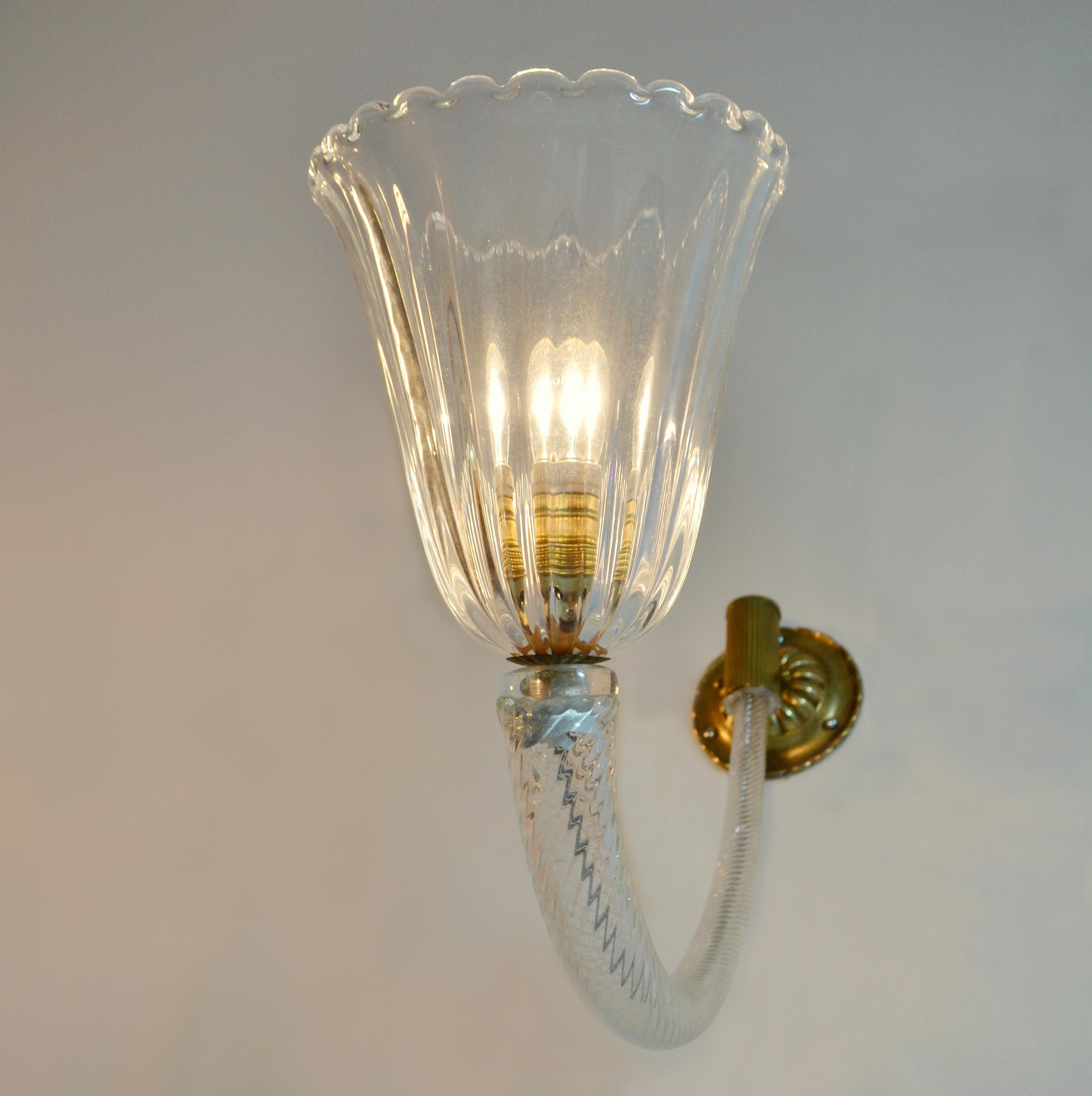 Wall Sconces Murano Clear Glass and Brass 1940's in the Style of Barovier & Toso 1