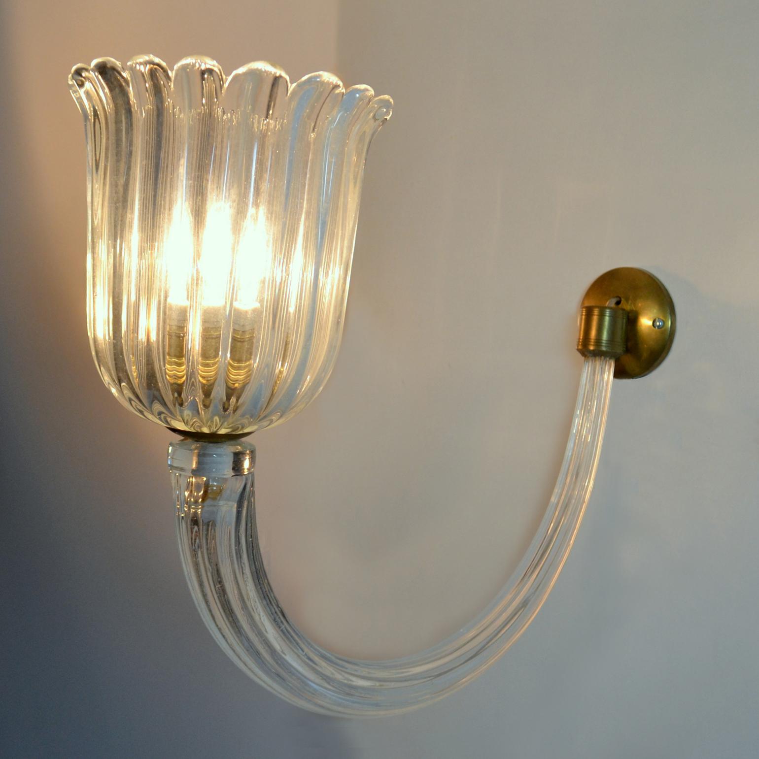 Mid-Century Modern Wall Sconces Murano Glass and Brass 1940's in the Style of Barovier & Toso