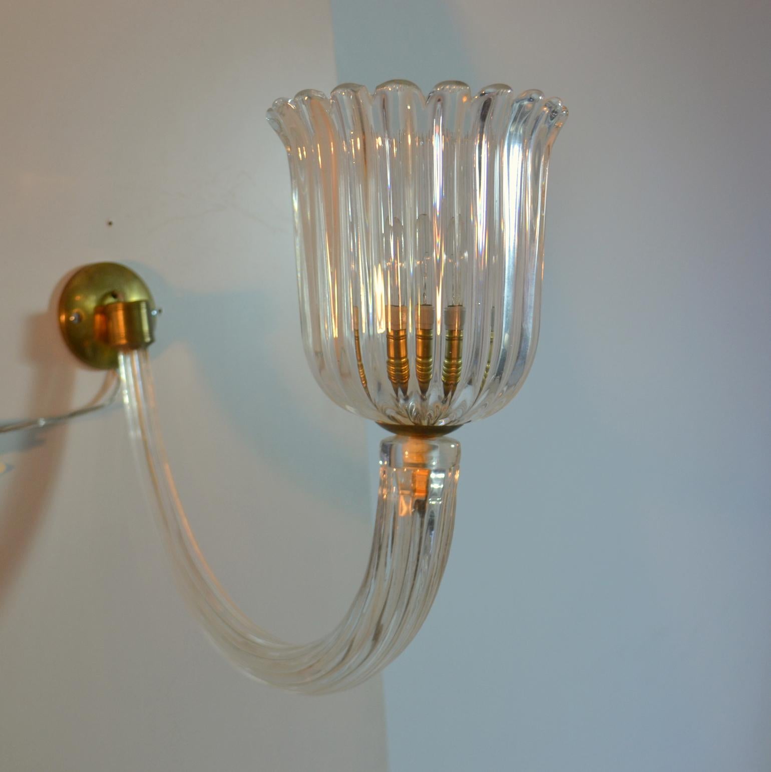 Italian Wall Sconces Murano Glass and Brass 1940's in the Style of Barovier & Toso