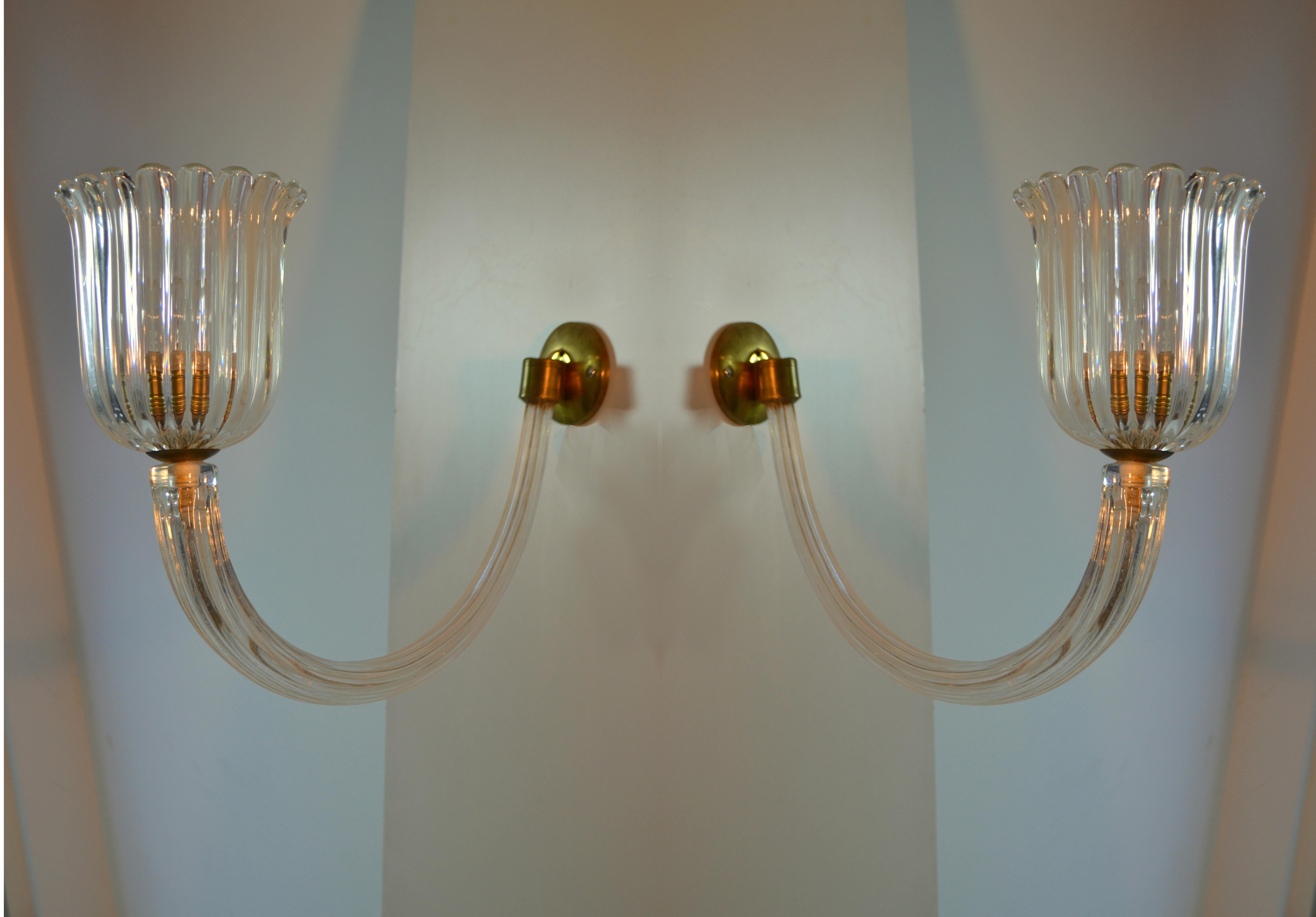 Wall Sconces Murano Glass and Brass 1940's in the Style of Barovier & Toso In Excellent Condition In London, GB