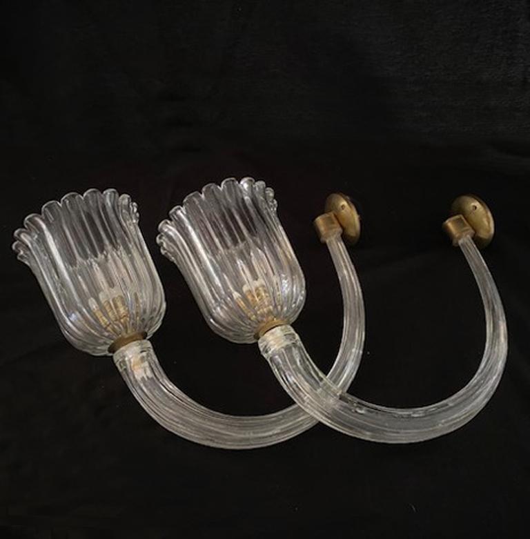 Mid-20th Century Wall Sconces Murano Glass and Brass 1940's in the Style of Barovier & Toso