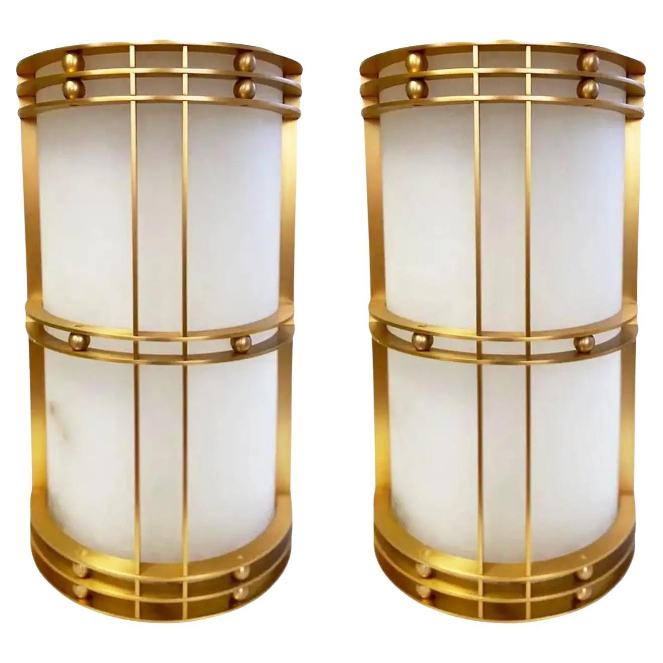 Italian Wall Sconces Large, Natural Alabaster and Brass  Art Deco  Style, Spain For Sale