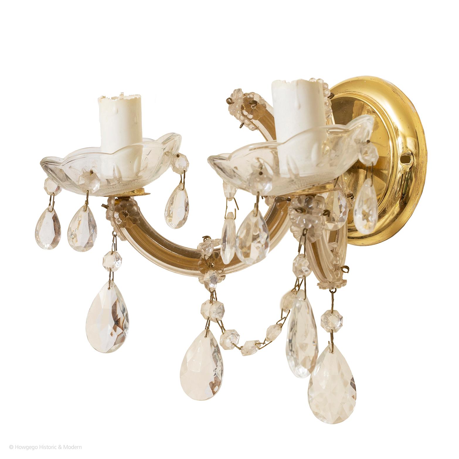 Rococo Revival Wall Sconces Pair Glass Gilt Brass Rococo Style Two-Arm For Sale