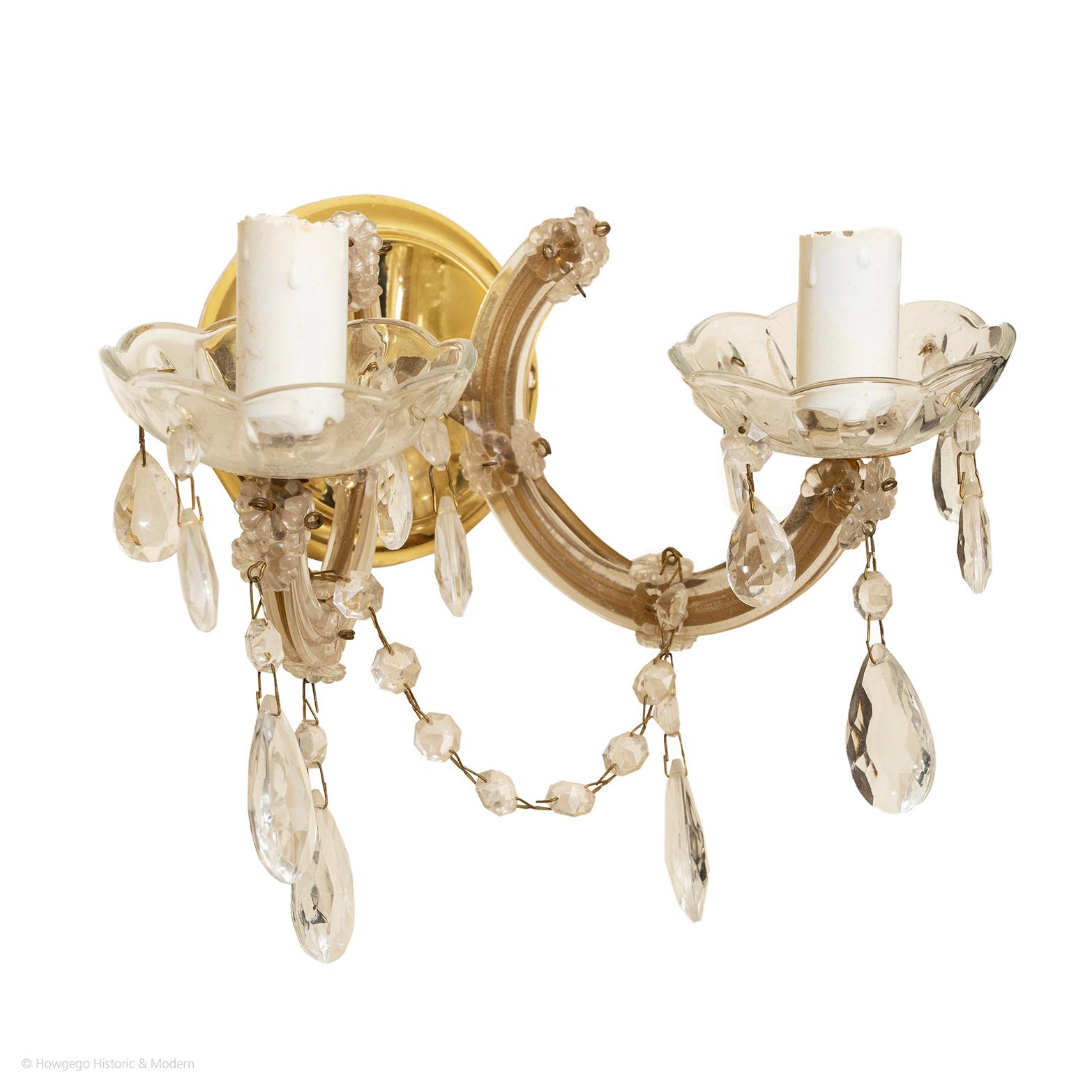 Wall Sconces Pair Glass Gilt Brass Rococo Style Two-Arm In Good Condition For Sale In BUNGAY, SUFFOLK