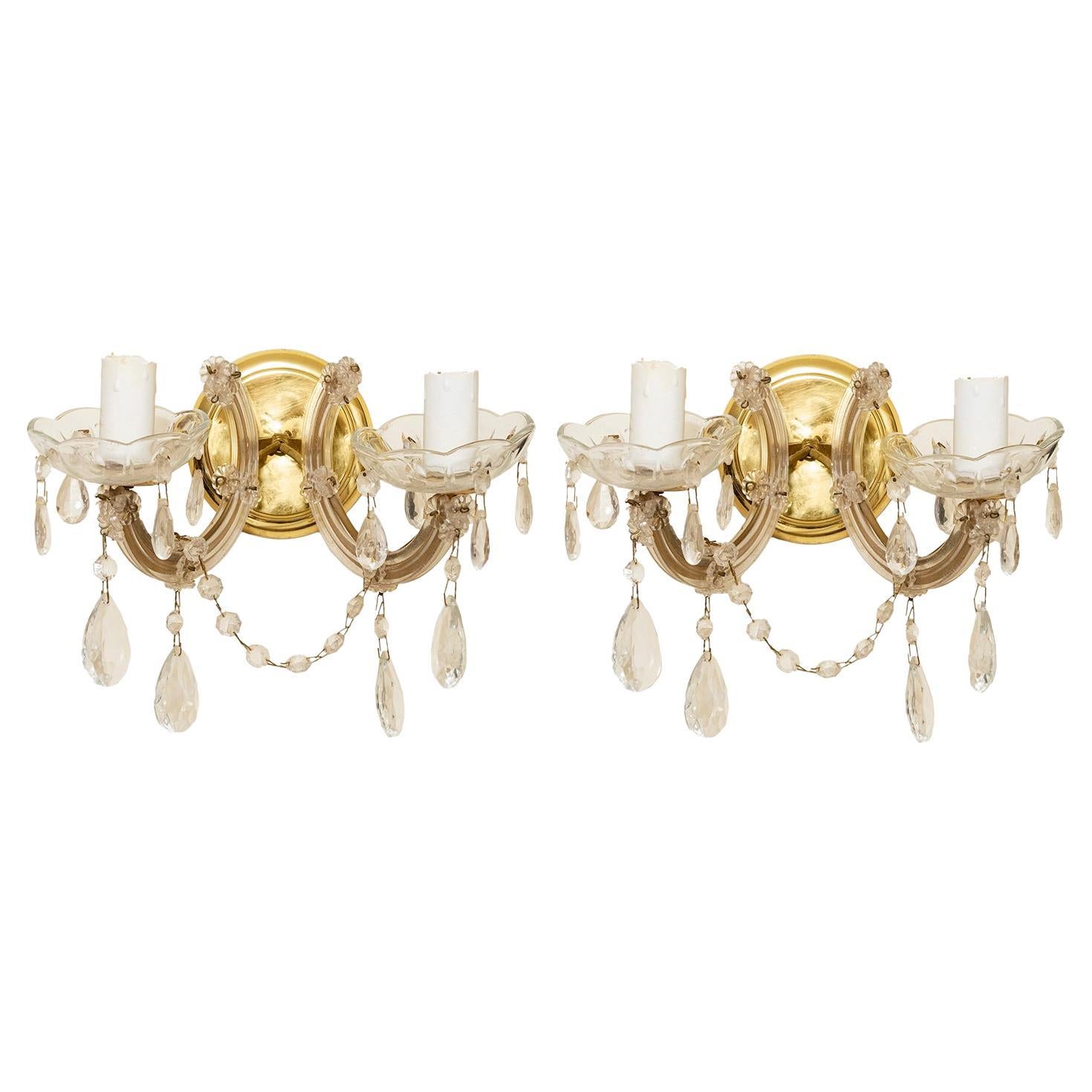 Wall Sconces Pair Glass Gilt Brass Rococo Style Two-Arm